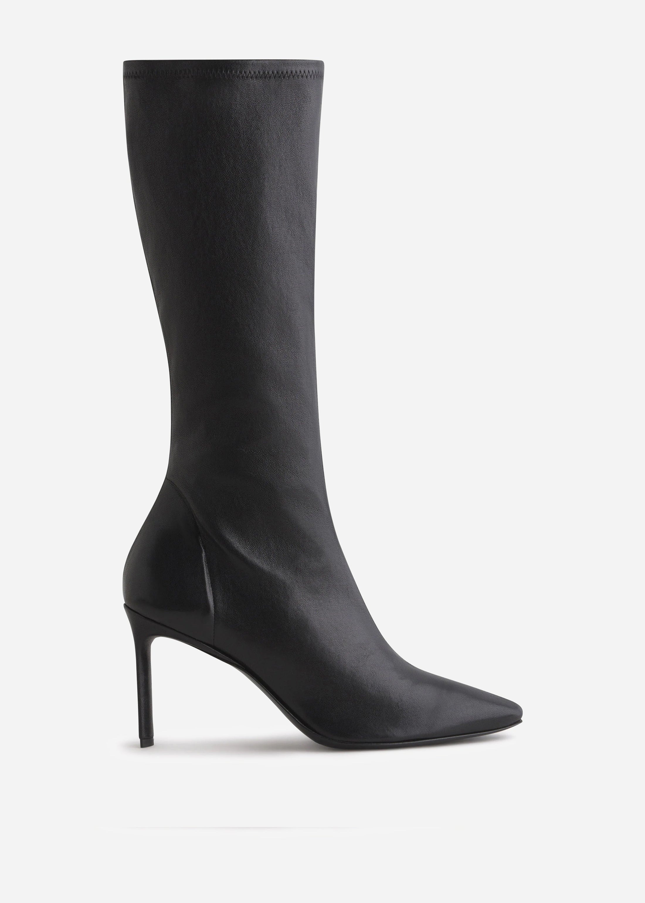Pointed Stretch Leather Heel Boot in Black