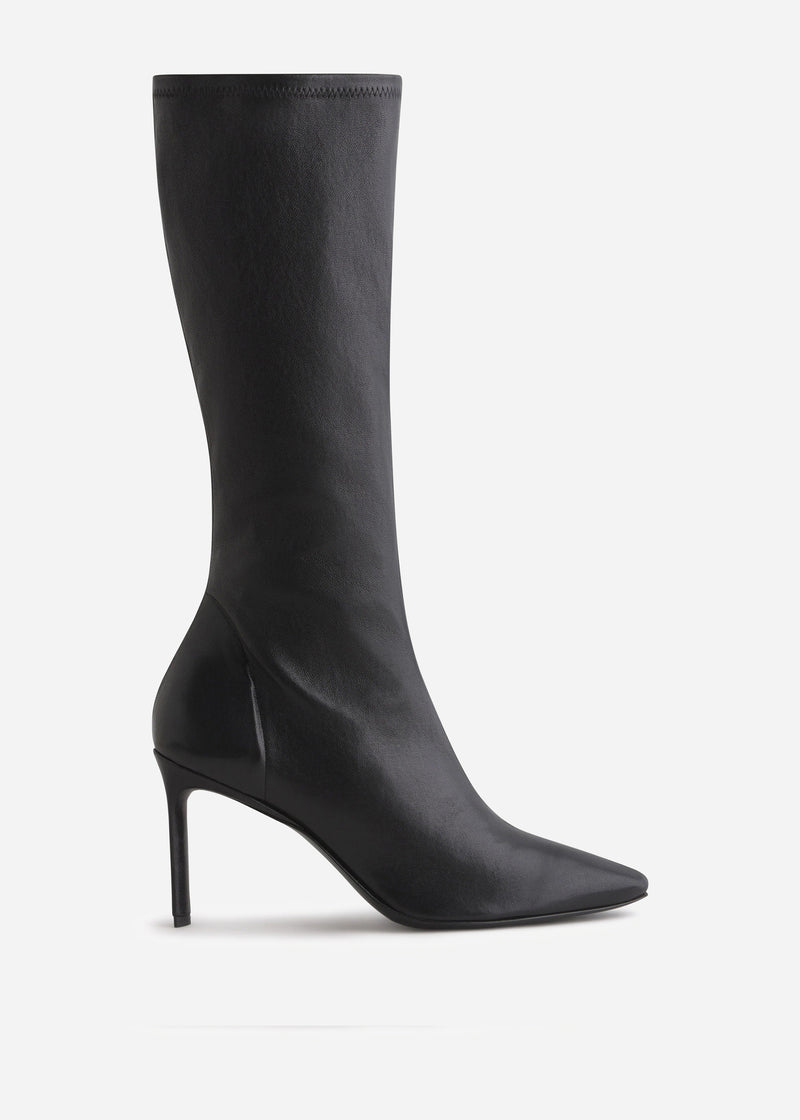 Pointed Stretch Leather Heel Boot in Black - CO