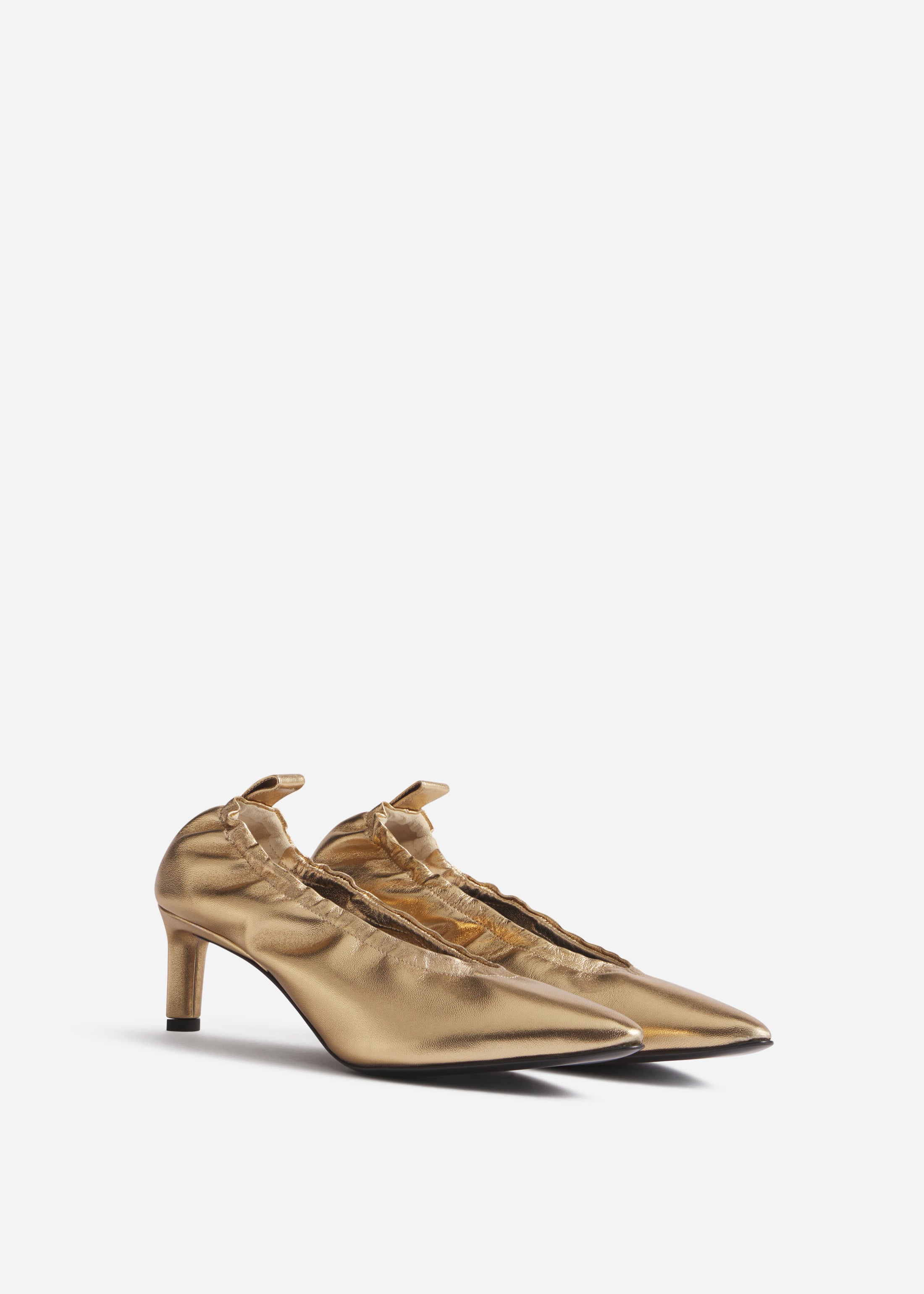 Leather Ruched Back Heeled Pumps - Gold