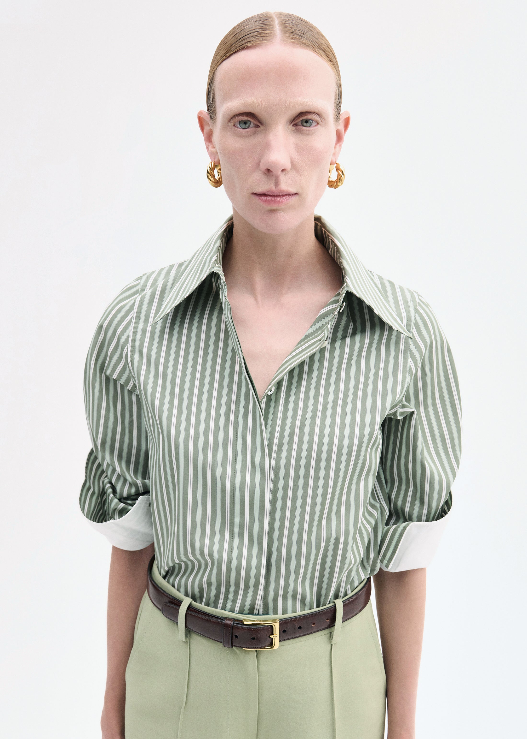 Fitted Shirt in Striped Poplin - Green and White