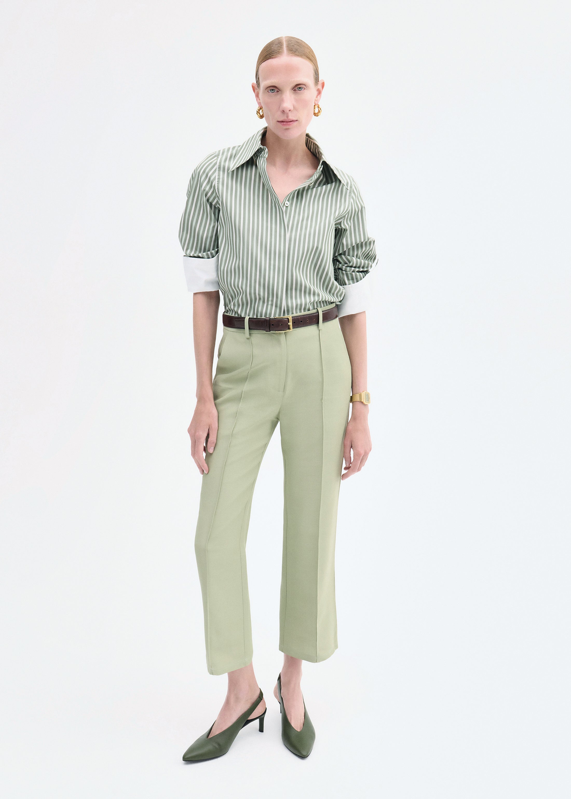 Fitted Shirt in Striped Poplin - Green and White