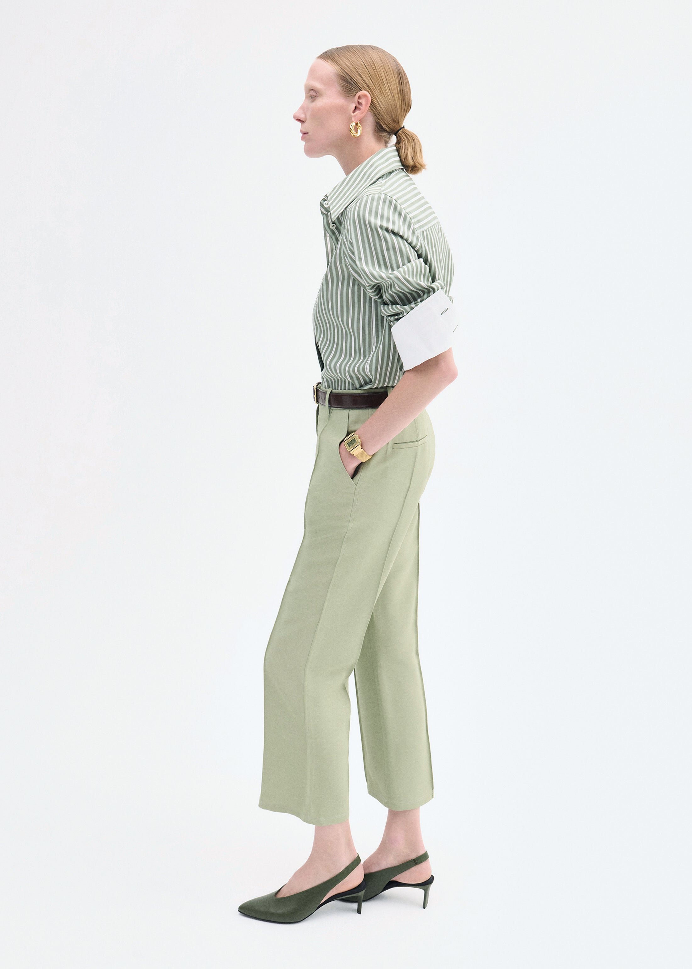 Fitted Shirt in Striped Poplin - Green and White