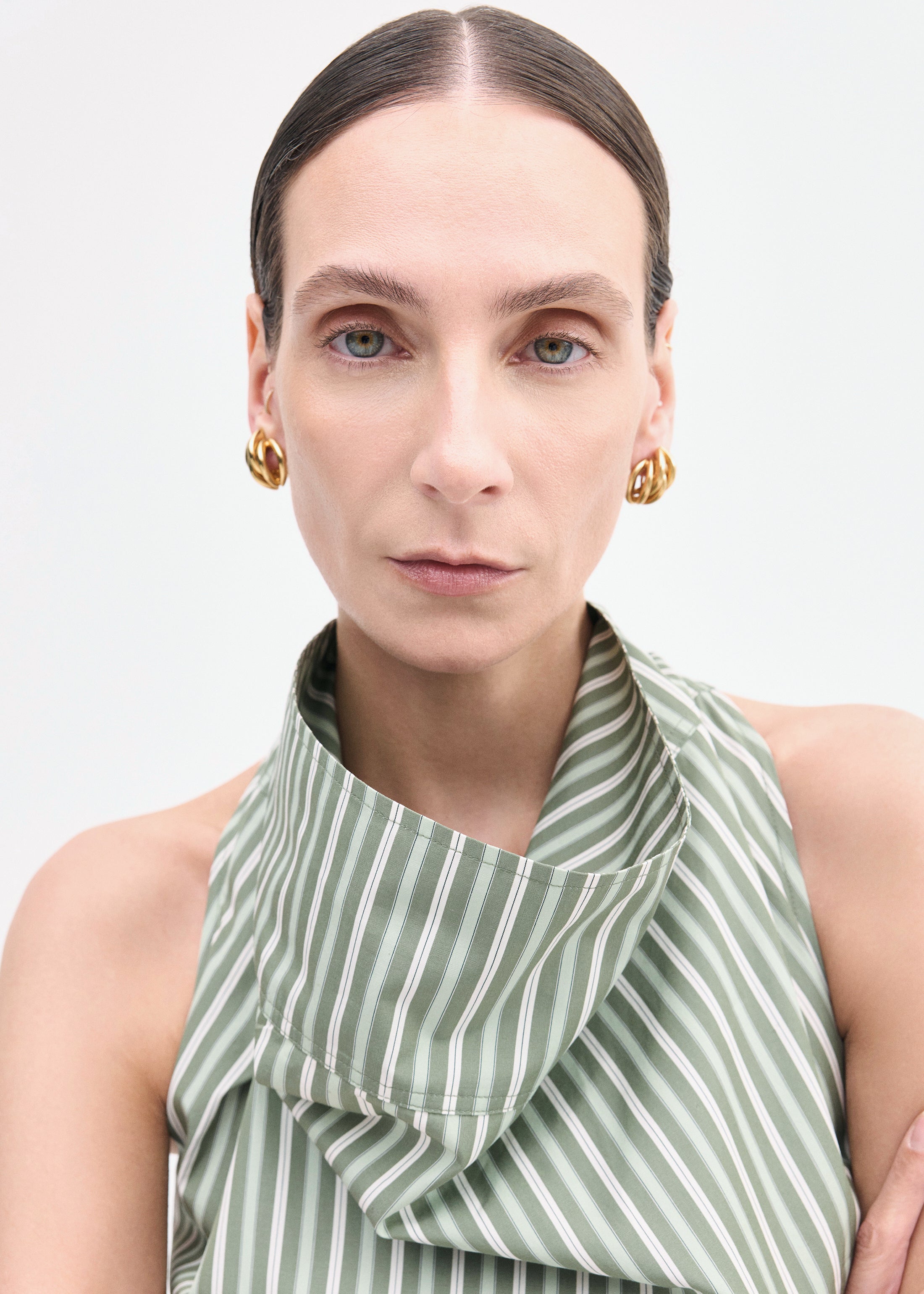 Sleeveless Cowl Neck Top in Striped Poplin - Green Multi