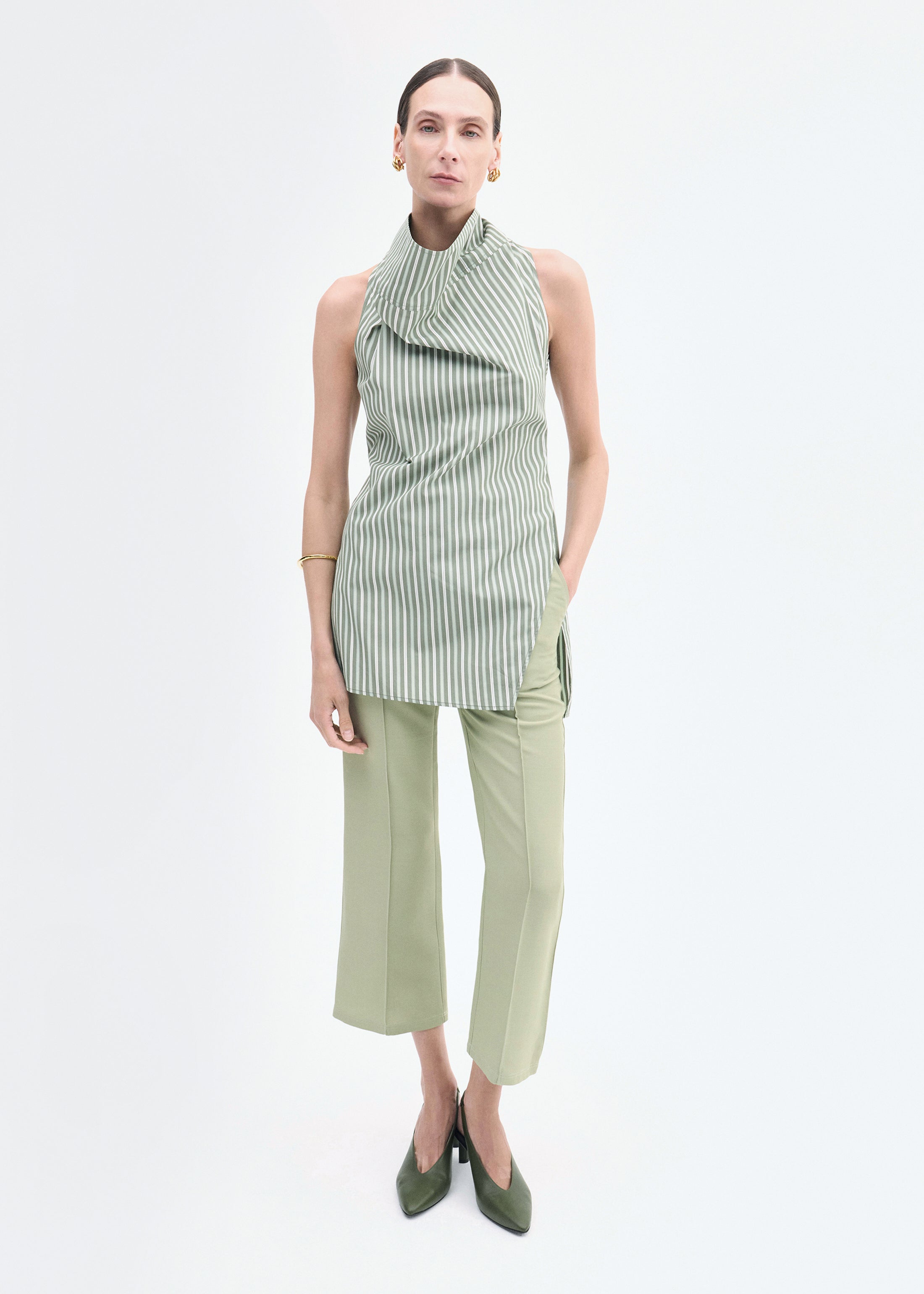 Sleeveless Cowl Neck Top in Striped Poplin - Green Multi