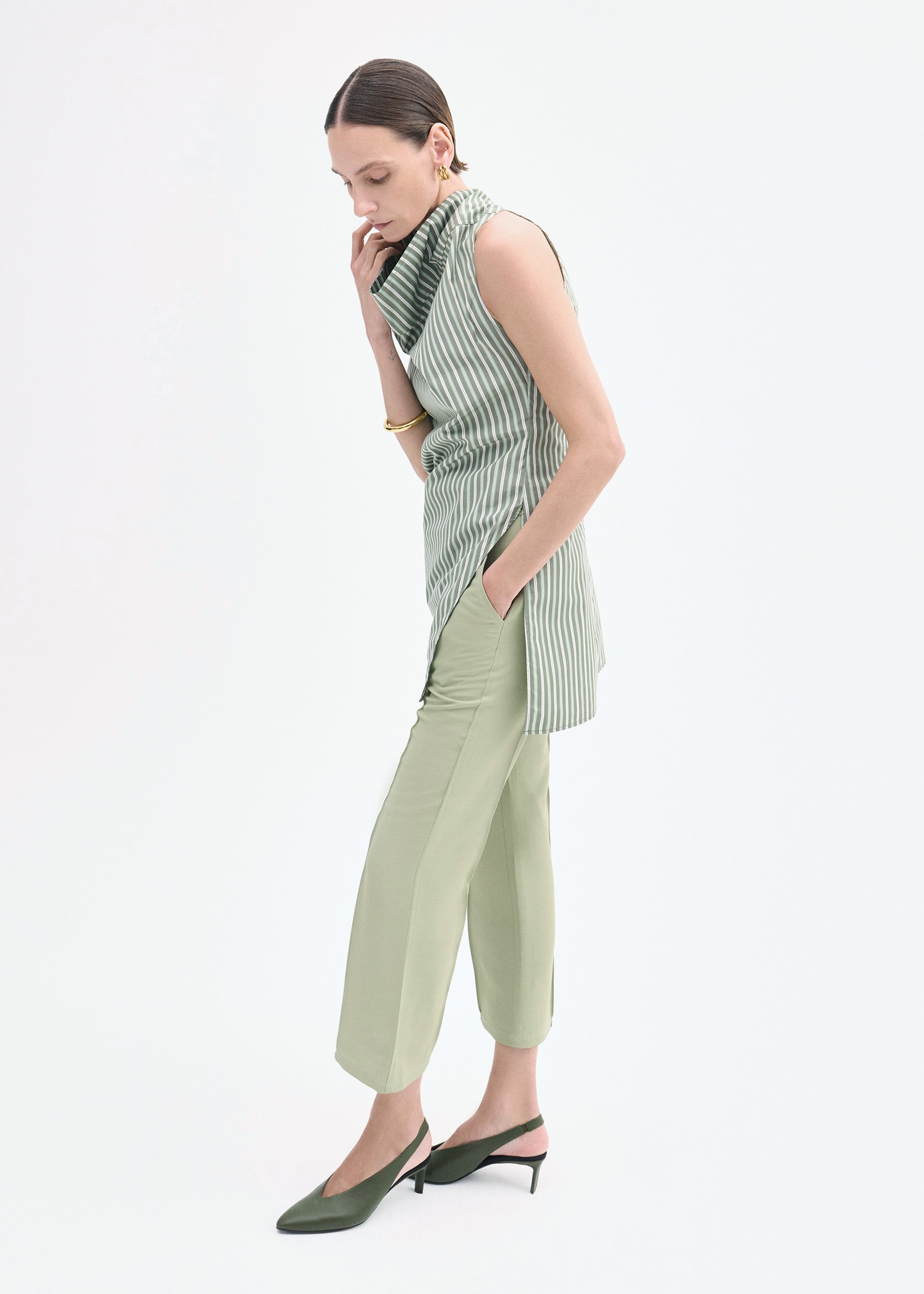 Sleeveless Cowl Neck Top in Striped Poplin - Green Multi