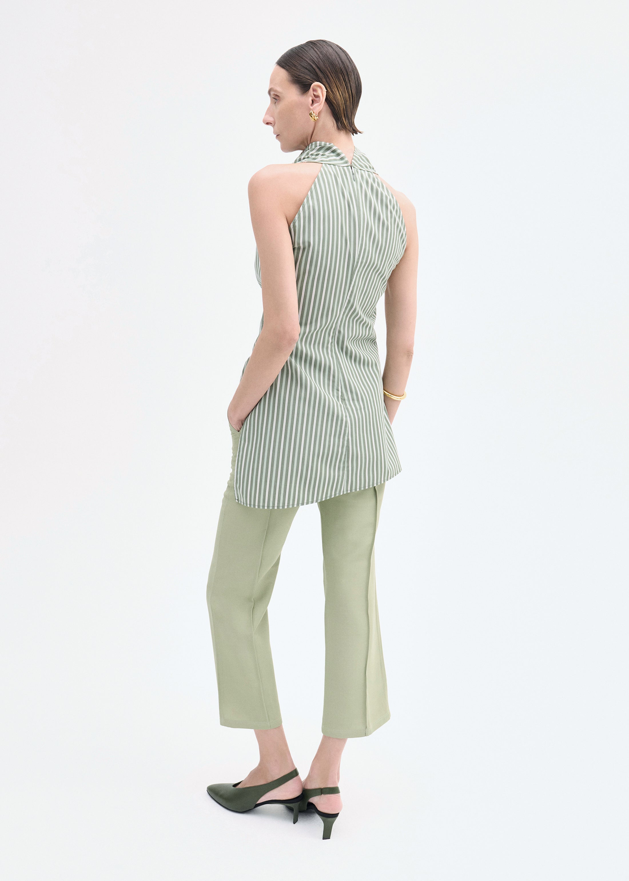 Sleeveless Cowl Neck Top in Striped Poplin - Green Multi