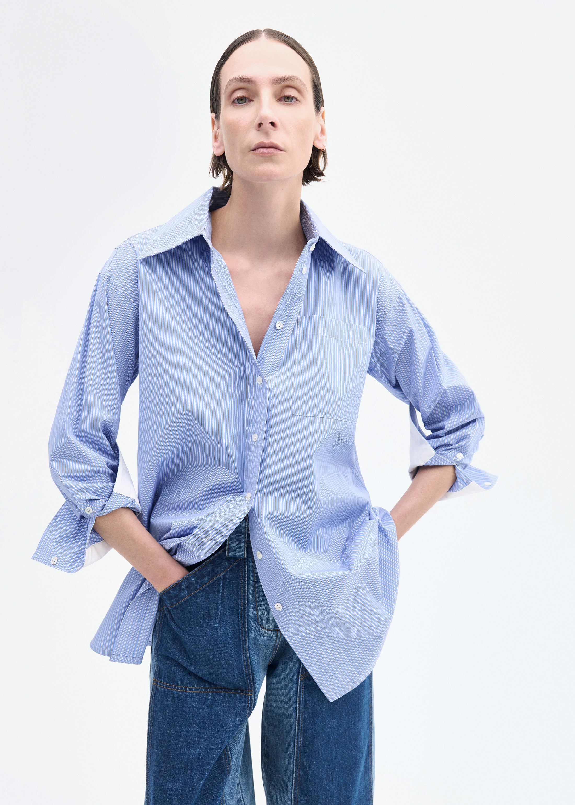 Tunic Button Down Shirt in Cotton - Blue Multi