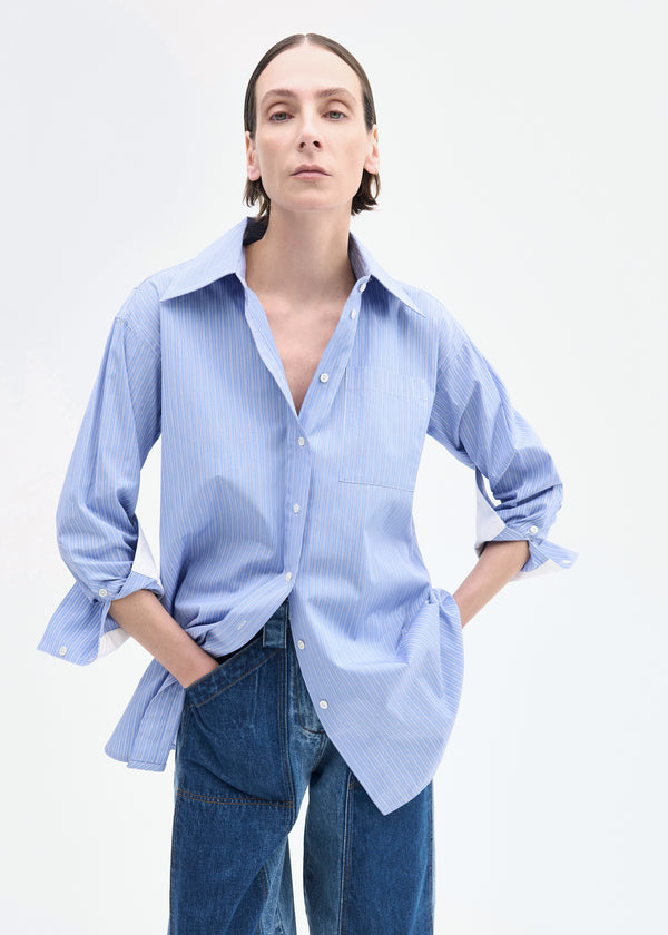 Tunic Button Down Shirt in Cotton - Blue Multi - CO