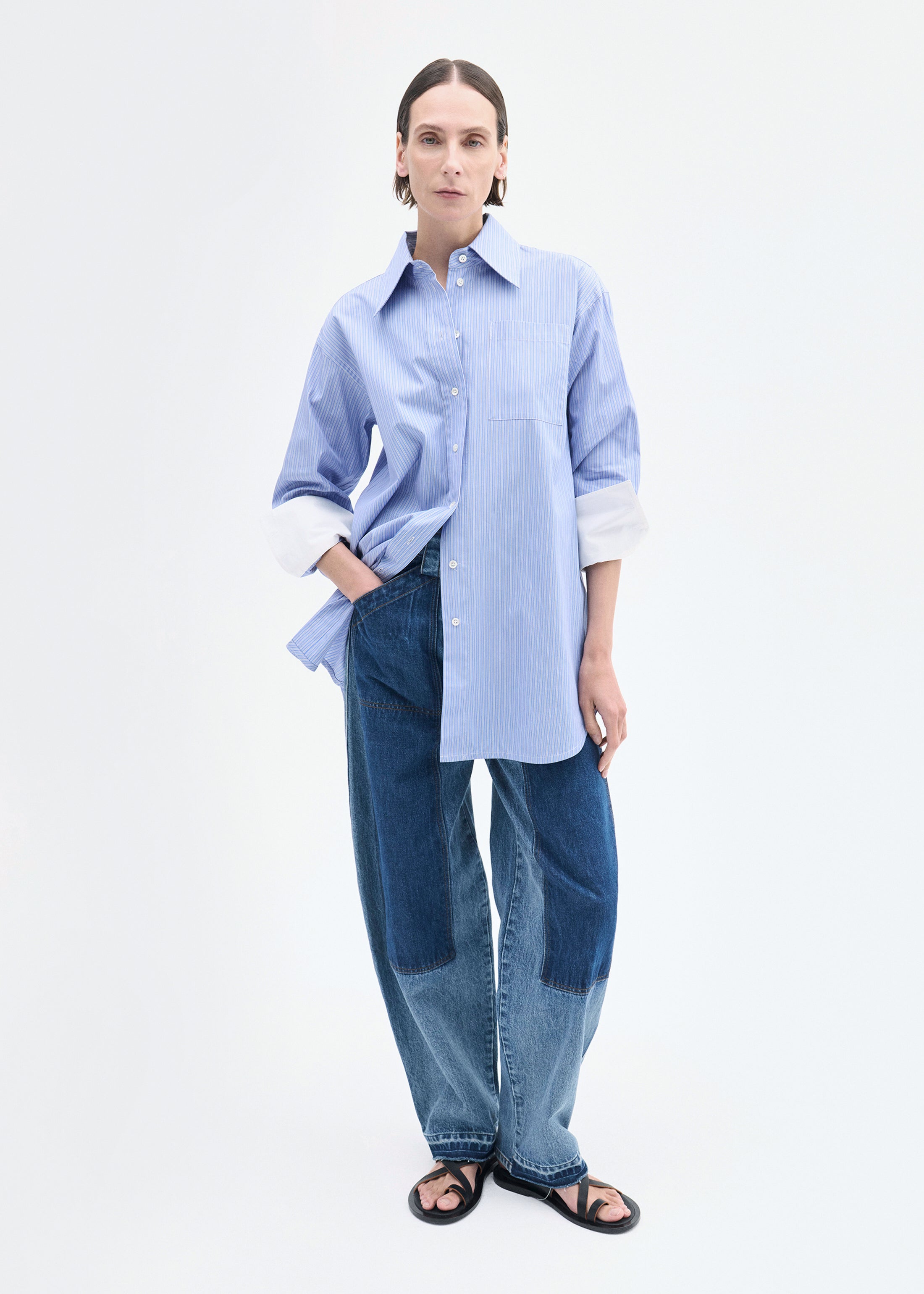Tunic Button Down Shirt in Cotton - Blue Multi