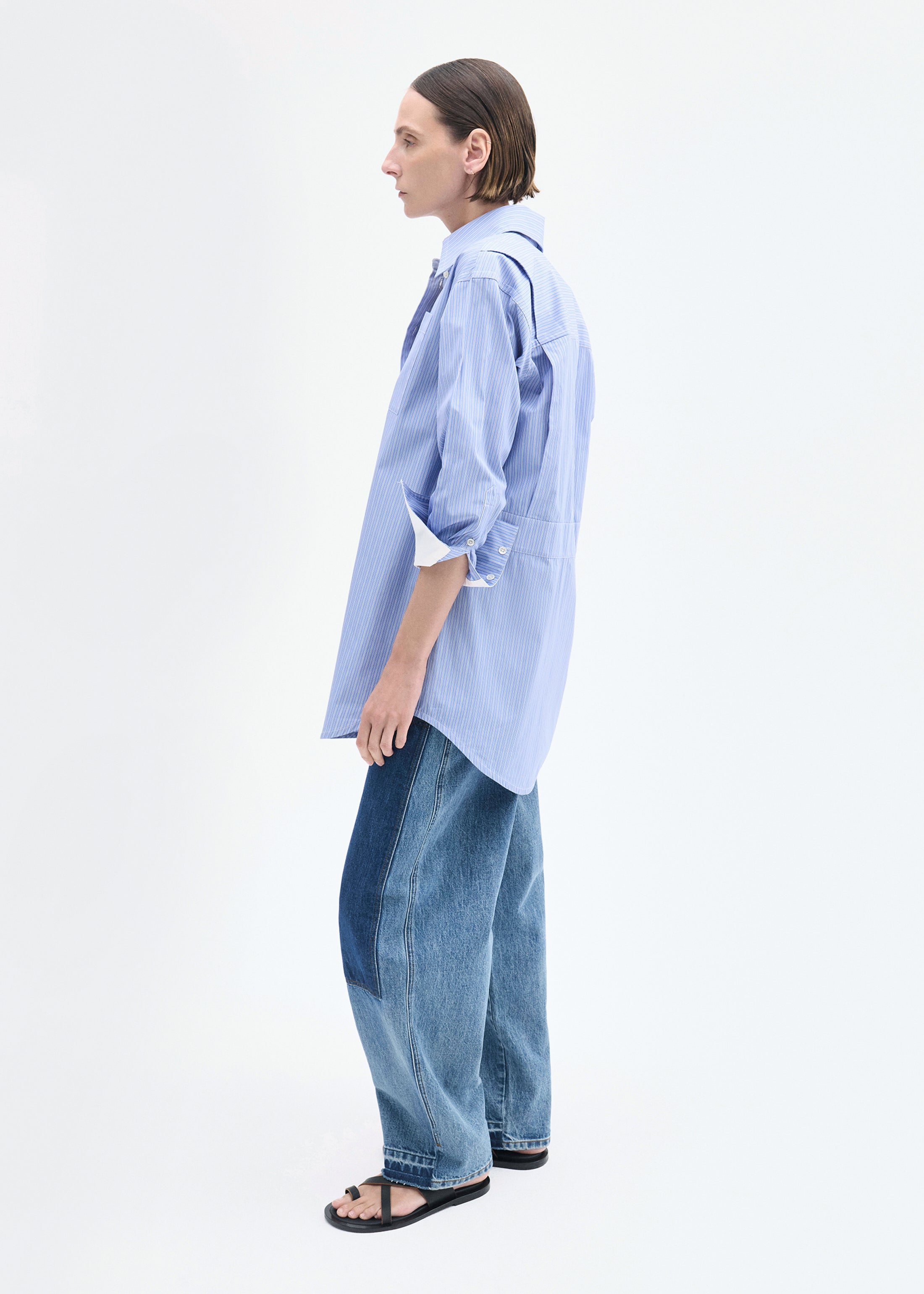 Tunic Button Down Shirt in Cotton - Blue Multi