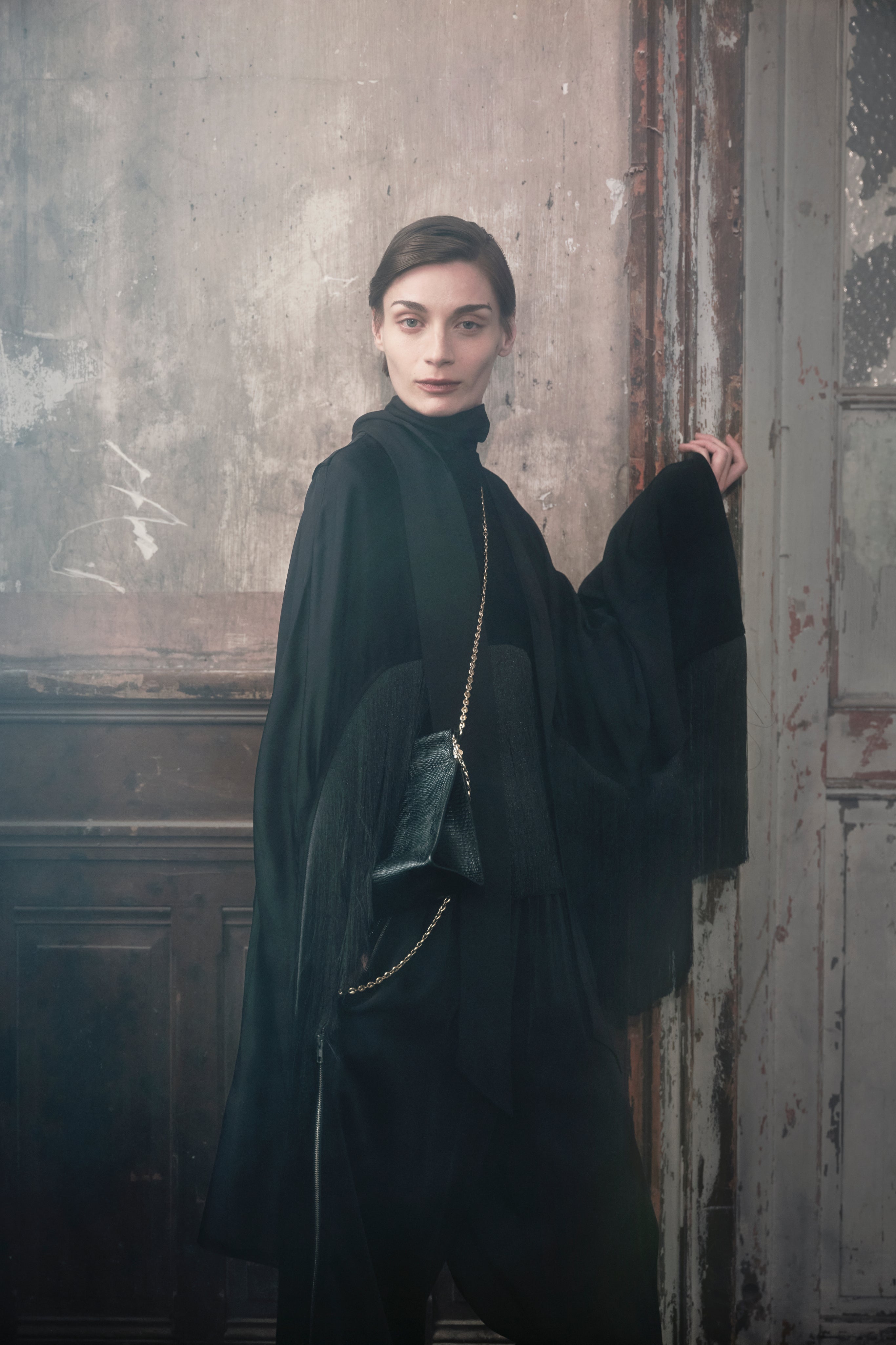 Fringe Satin Cape Top - Black