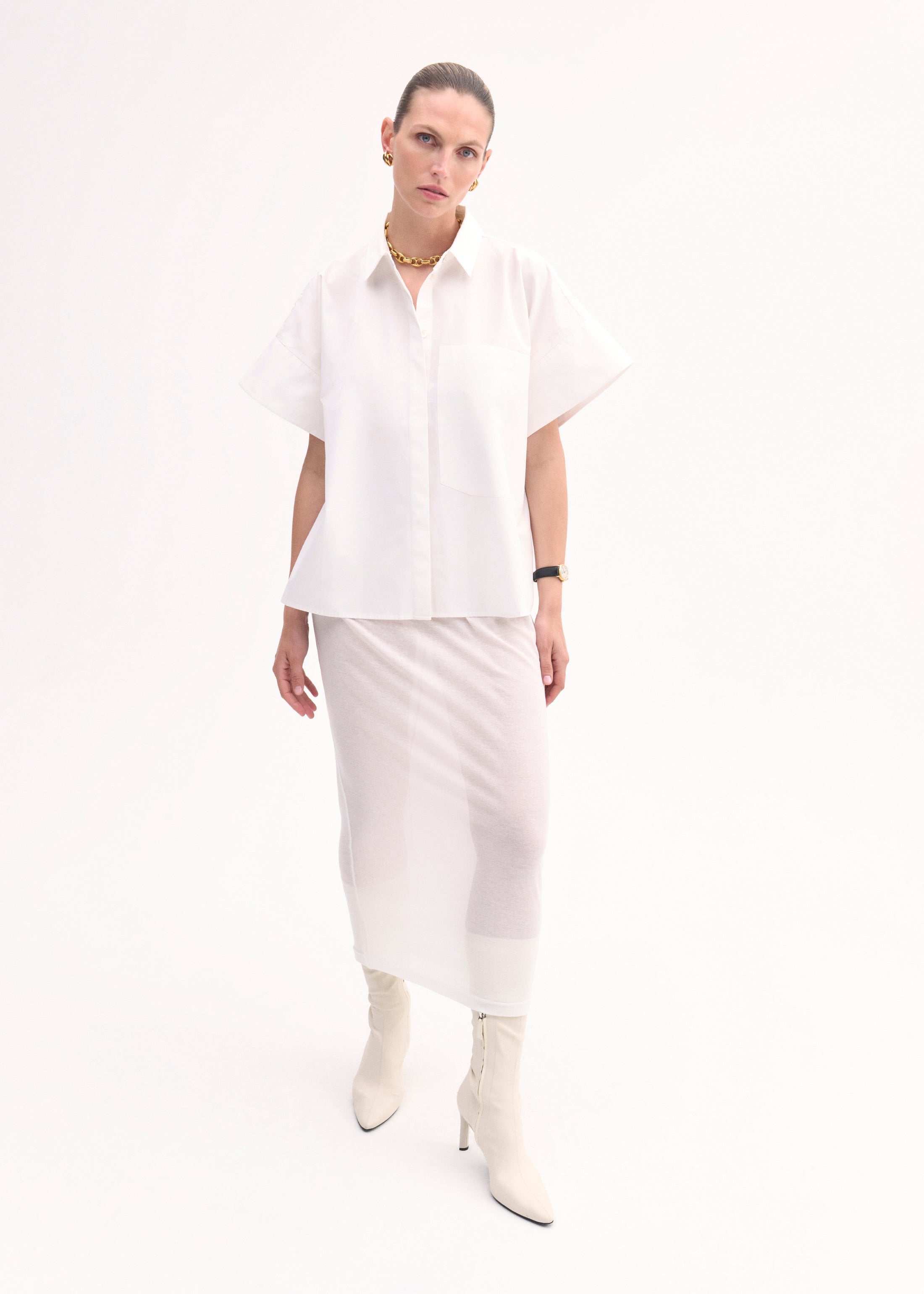 Boxy Short Sleeve Shirt in Cotton Poplin - White
