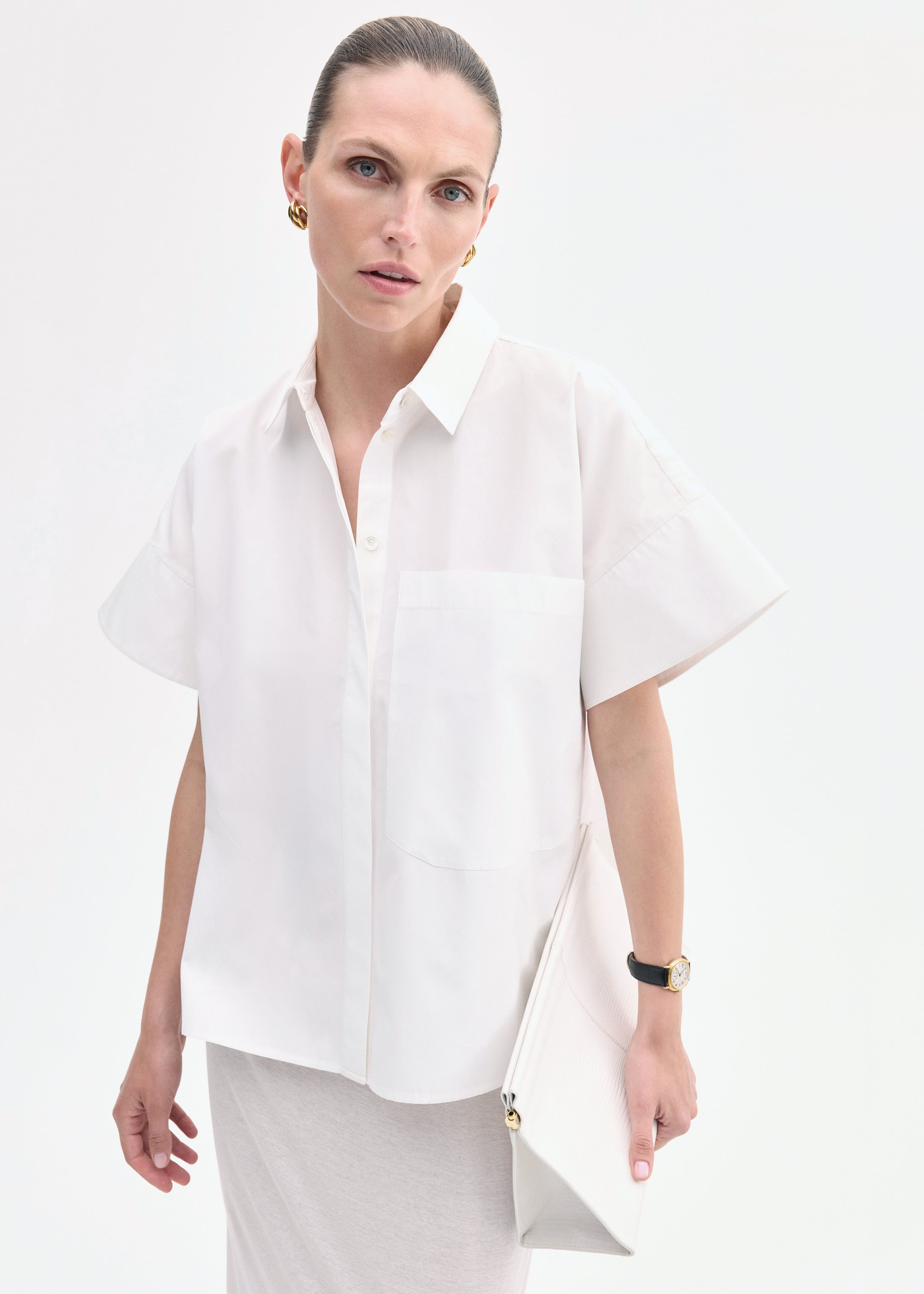Boxy Short Sleeve Shirt in Cotton Poplin - White