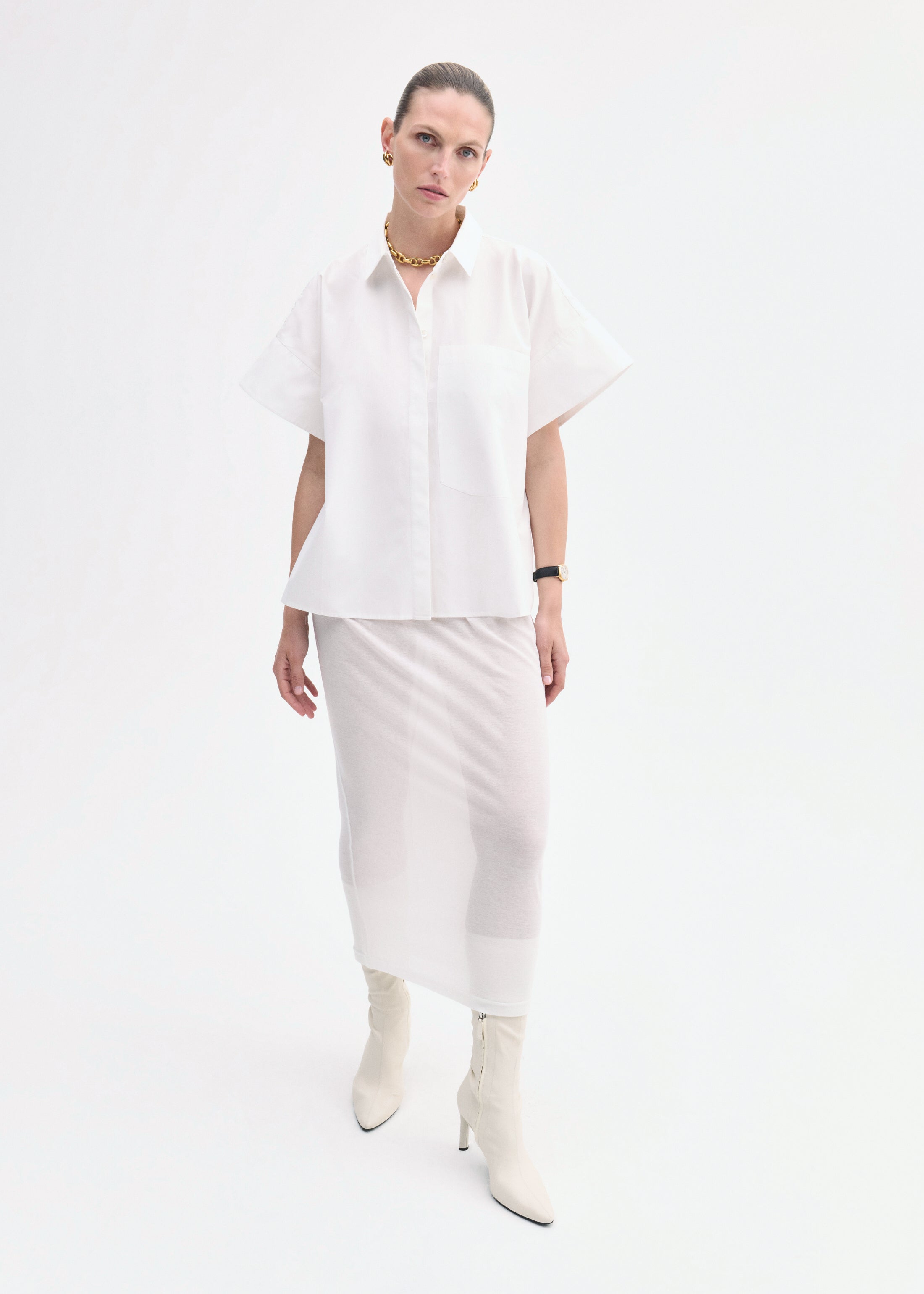 Boxy Short Sleeve Shirt in Cotton Poplin - White