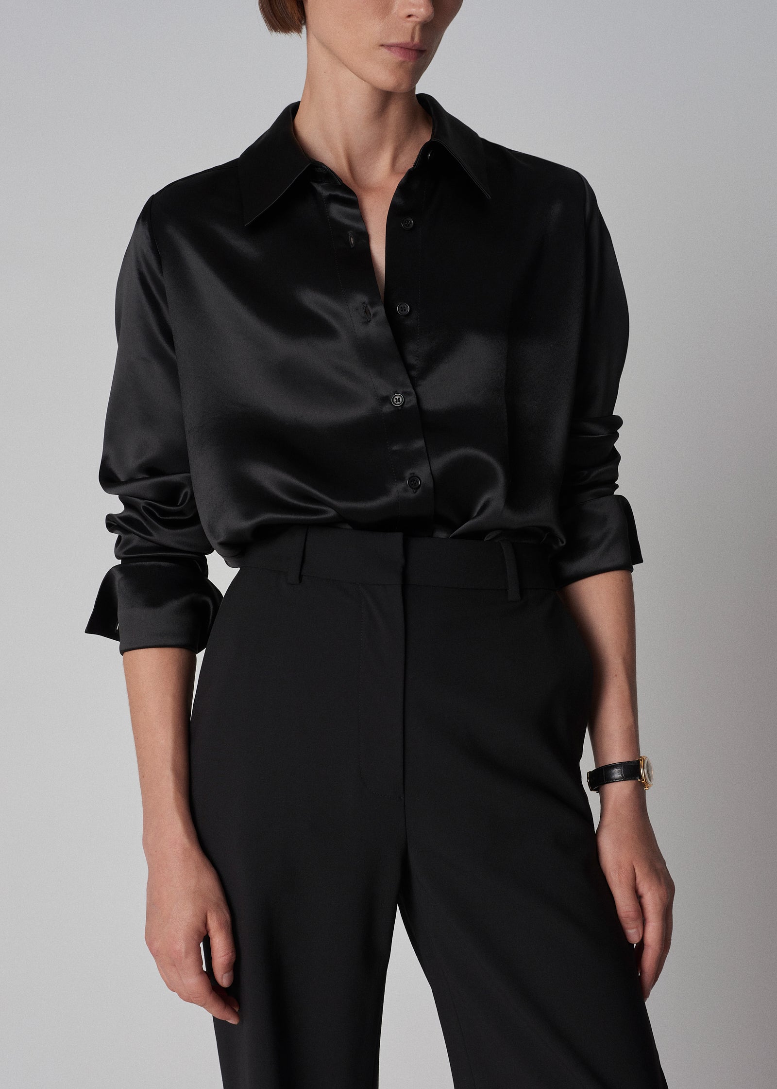 Button Down Blouse in Satin - Black - CO Collections