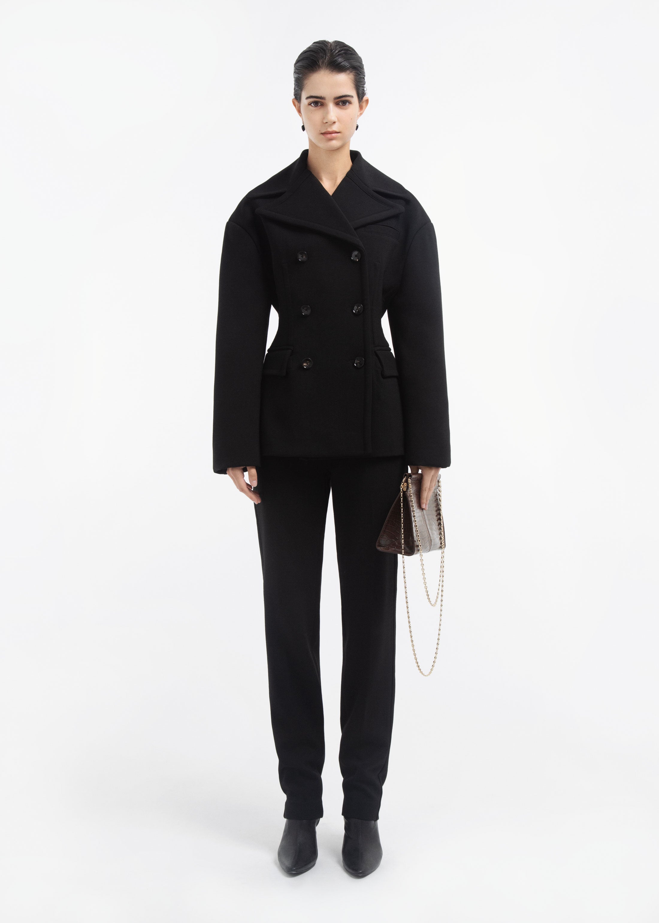 Double Breasted Peplum Jacket in Wool - Black