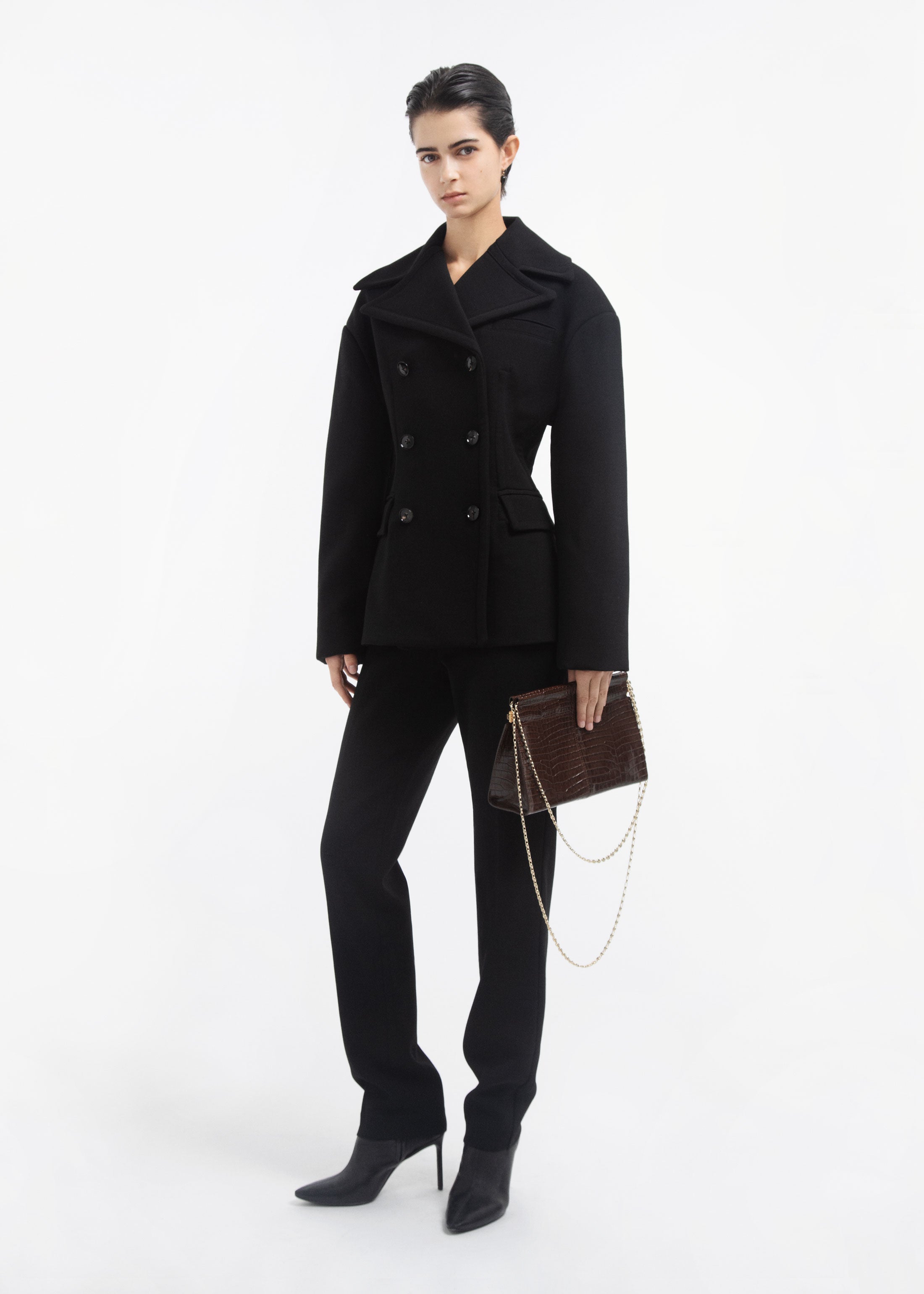 Double Breasted Peplum Jacket in Wool - Black