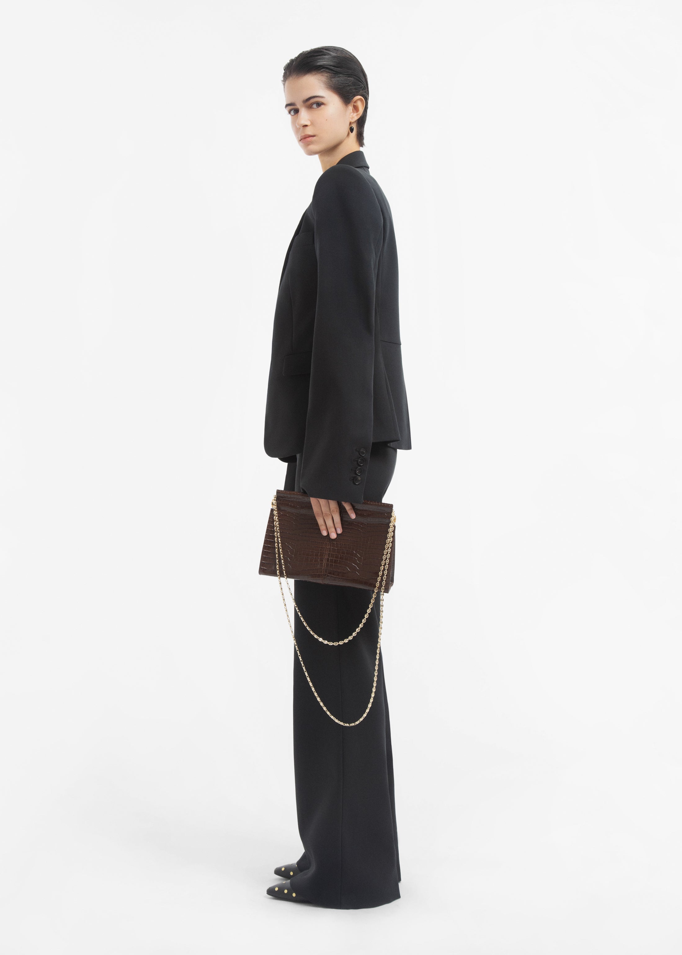 Small Leather Clutch with Chain - Brown
