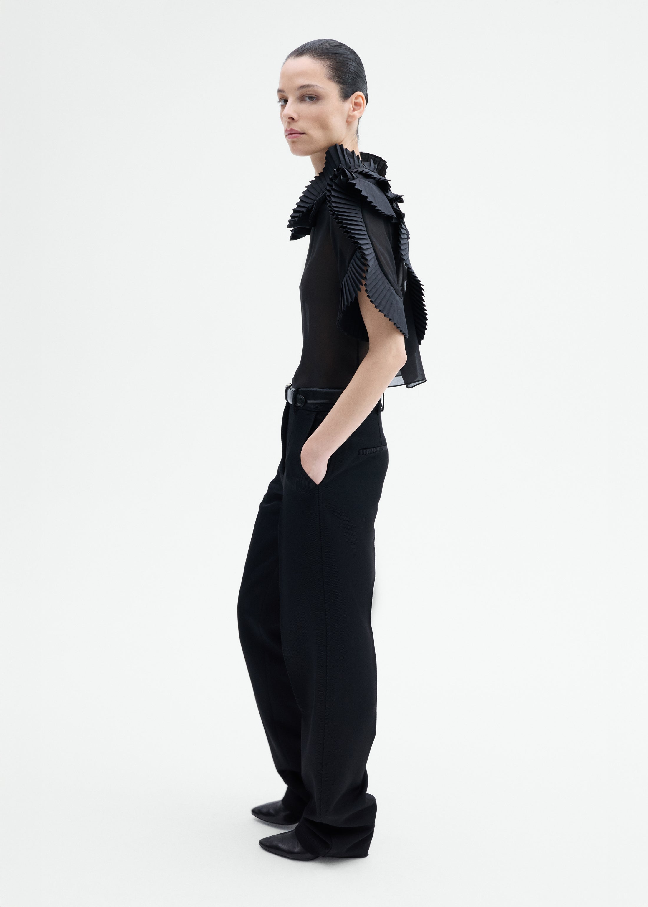 Pleated Ruffle Sheer Top in Georgette - Black