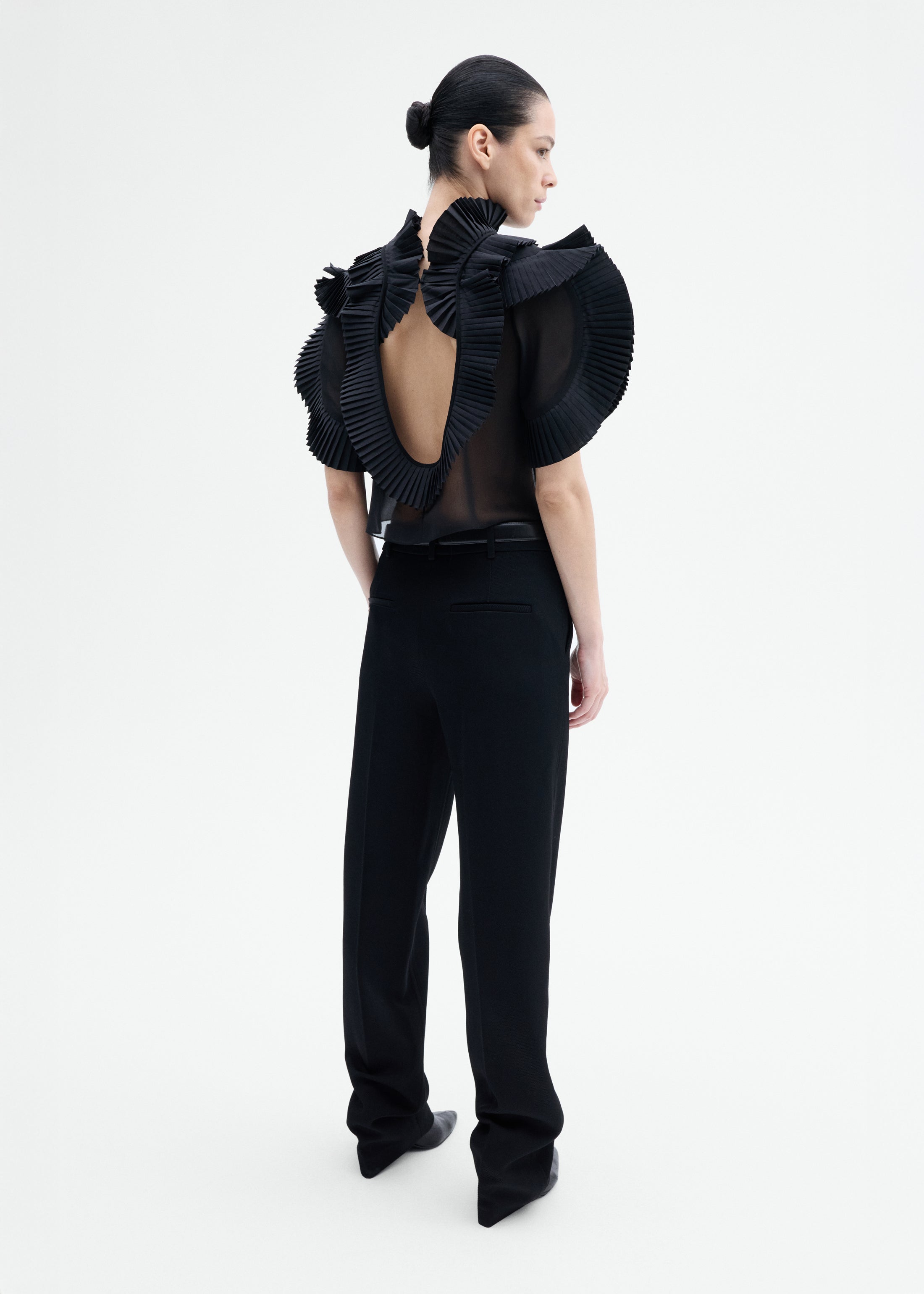 Pleated Ruffle Sheer Top in Georgette - Black