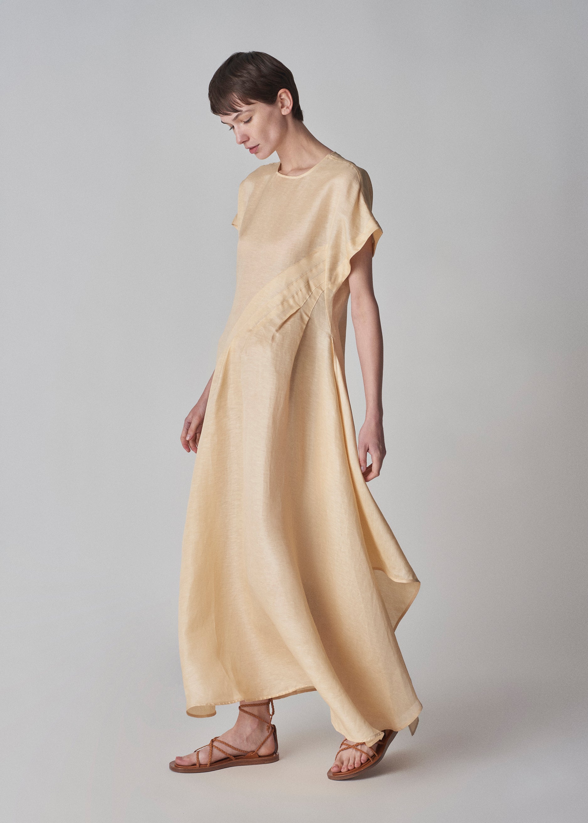Cap Sleeve Draped Dress in Organza - Custard - CO Collections