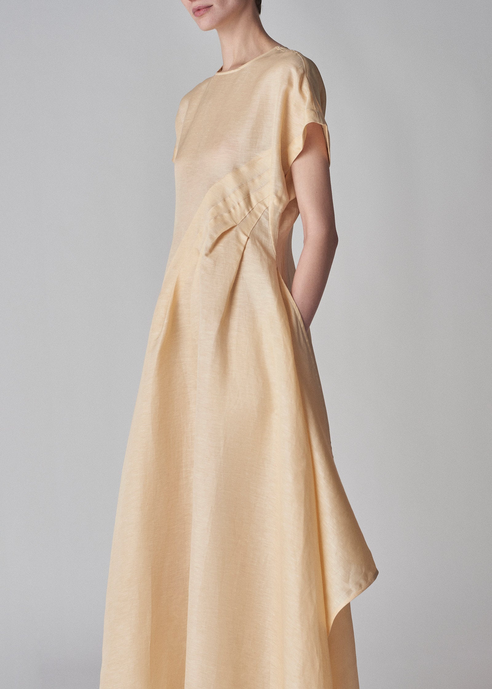 Cap Sleeve Draped Dress in Organza - Custard - CO Collections