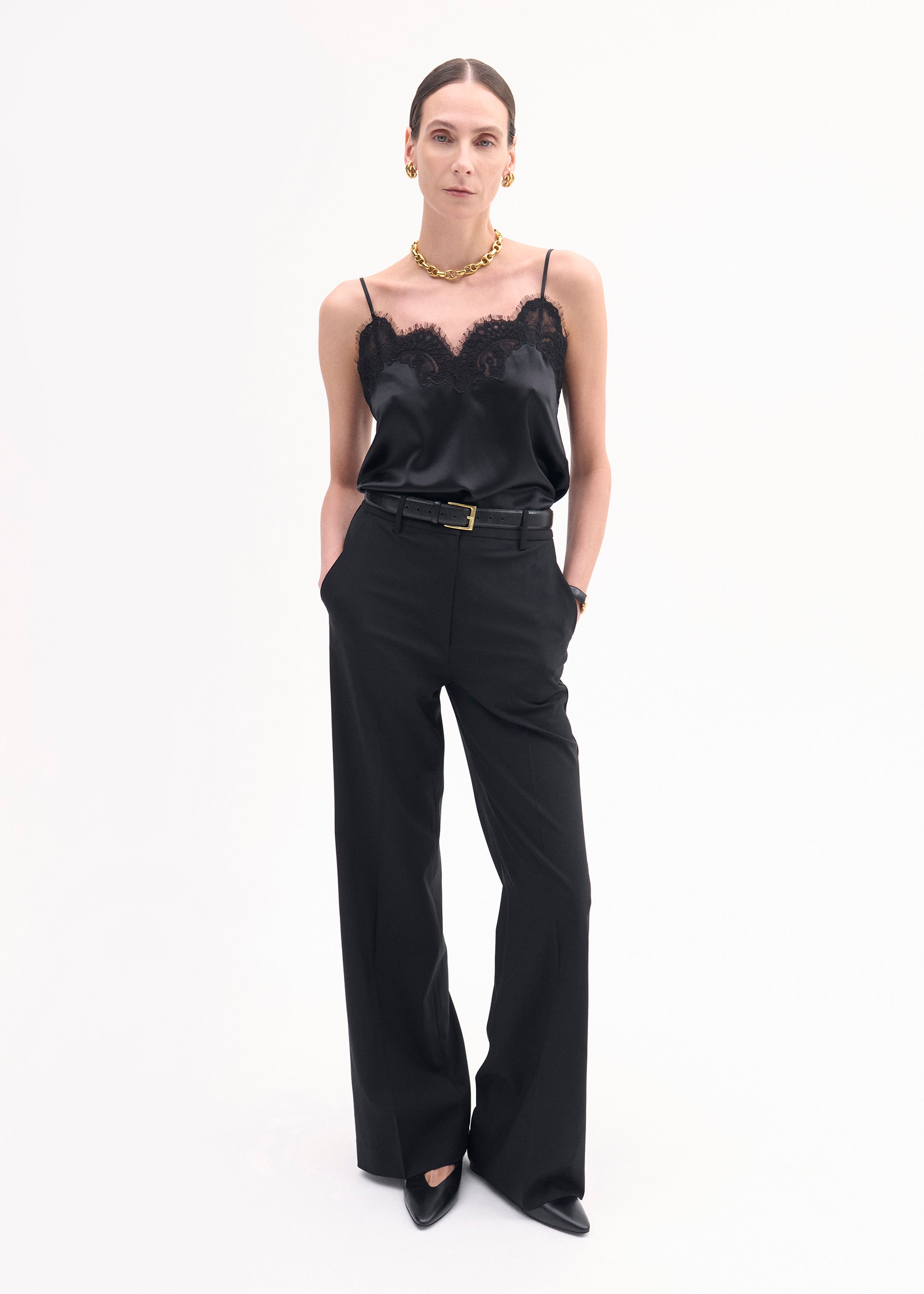 Lace Camisole in Silk Satin - Black