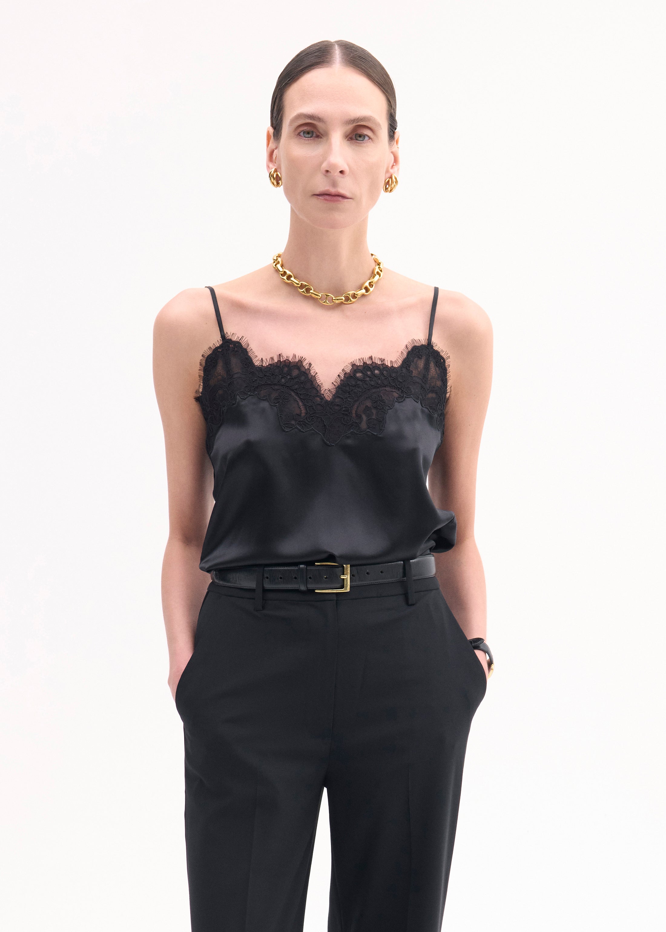 Lace Camisole in Silk Satin - Black
