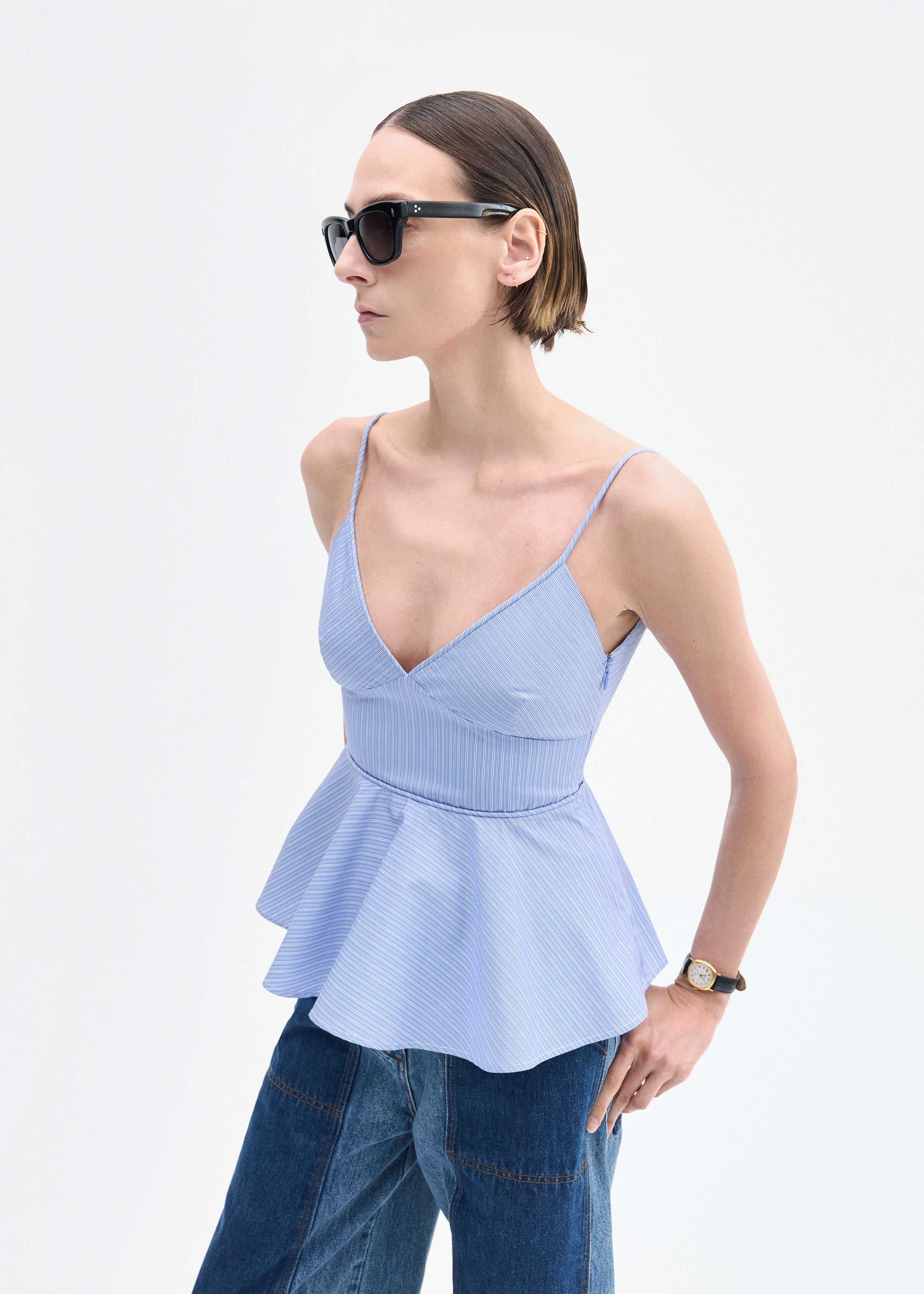 Peplum Camisole in Striped Poplin - Blue Multi