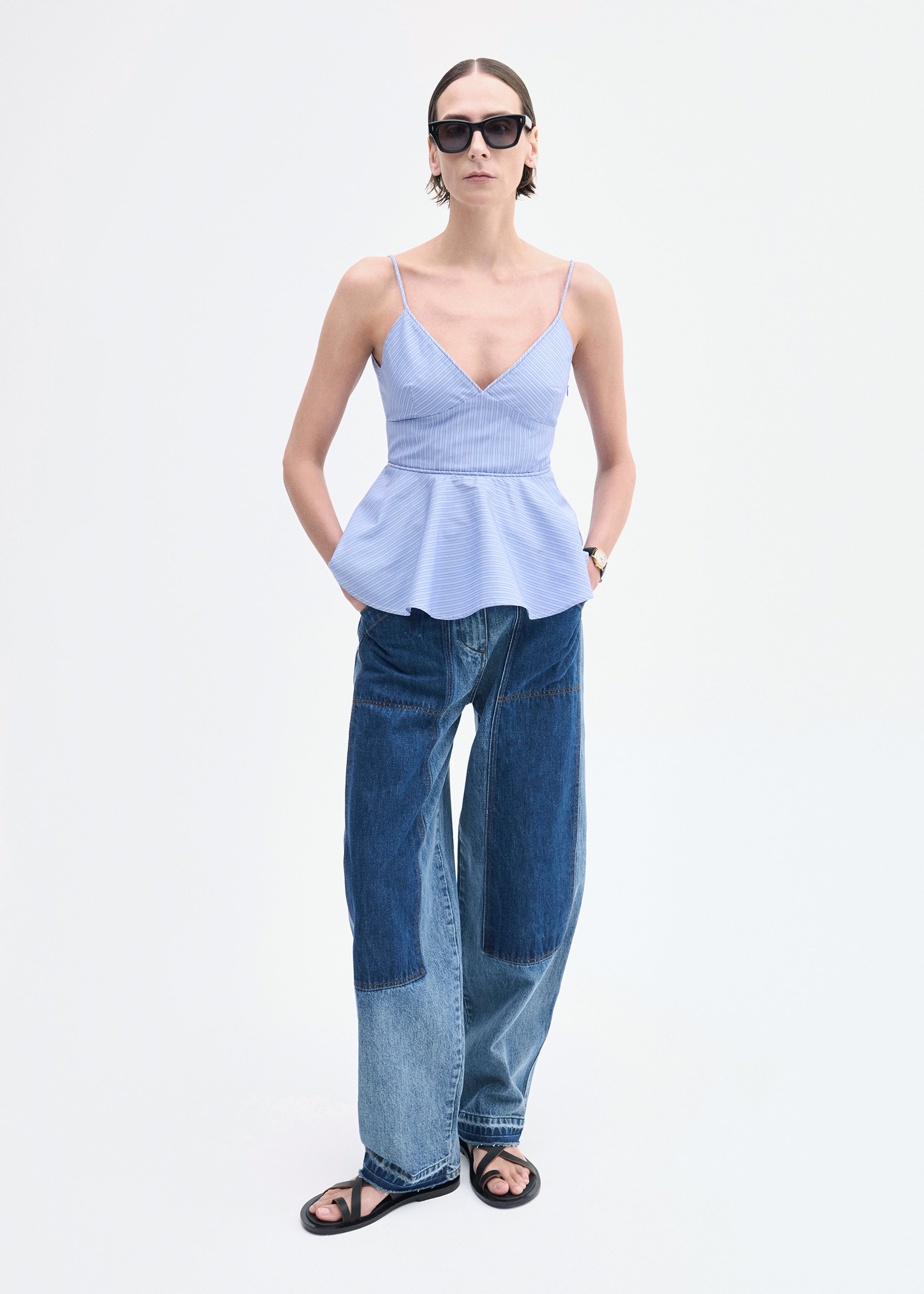 Peplum Camisole in Striped Poplin - Blue Multi
