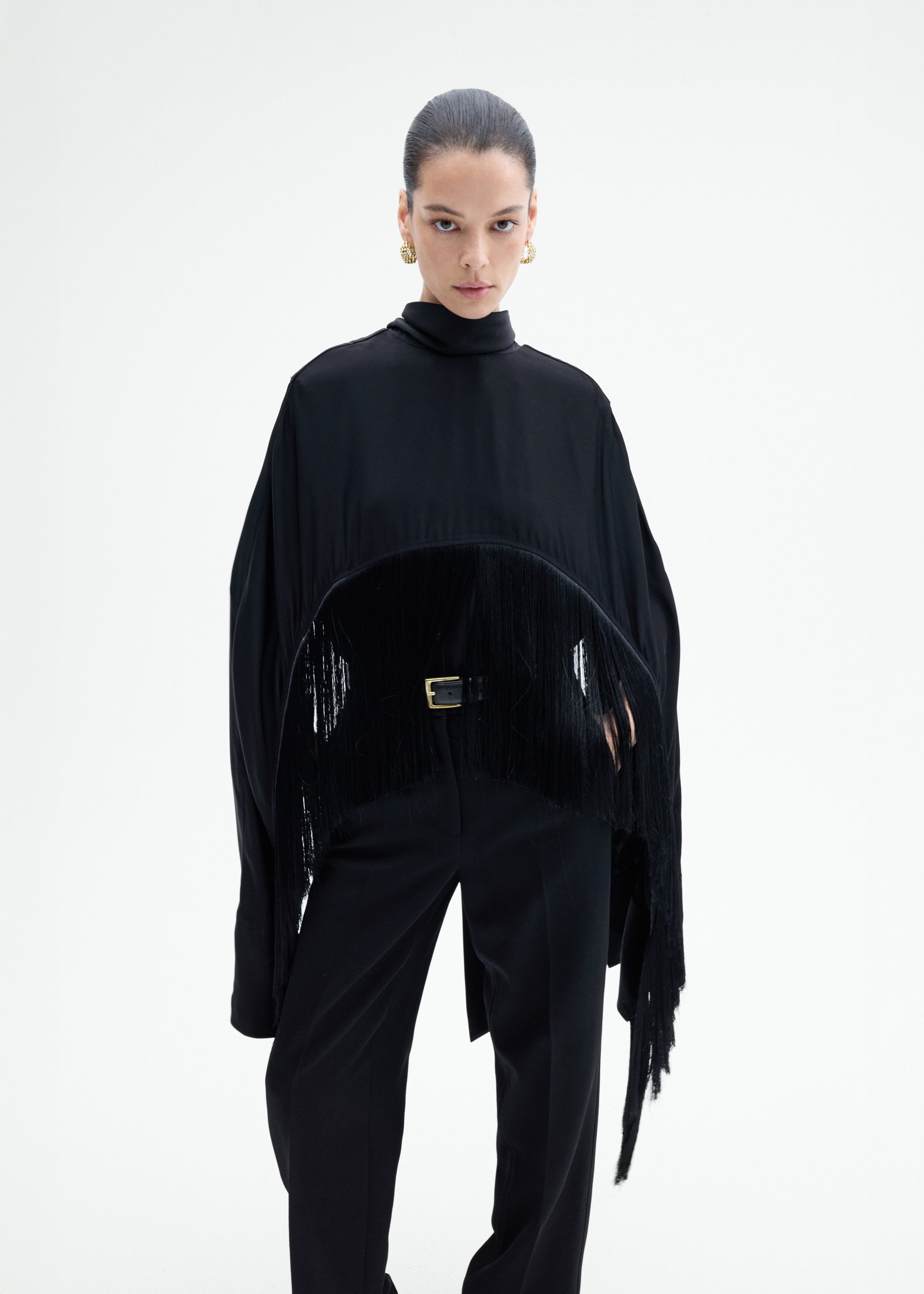Fringe Satin Cape Top - Black