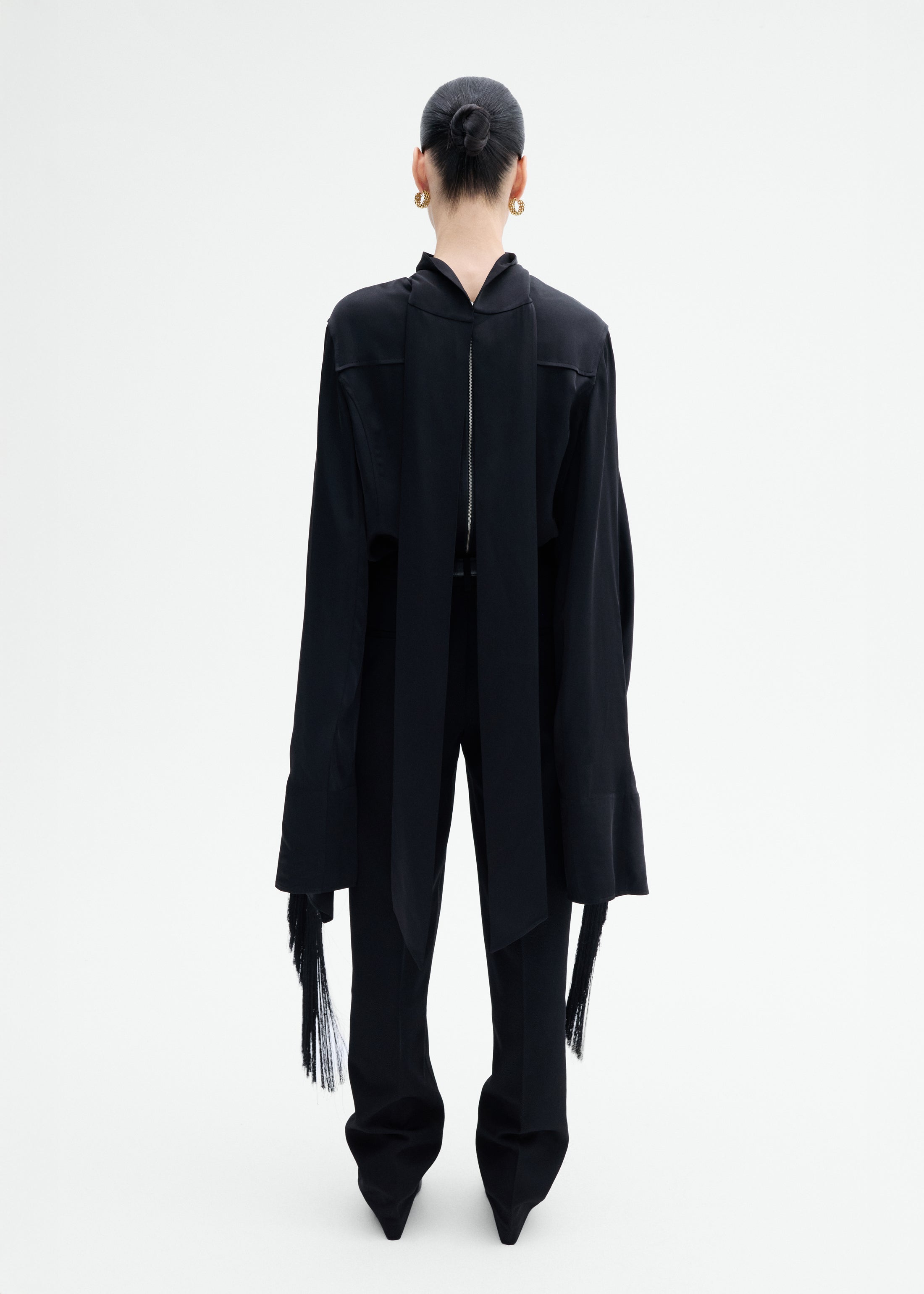 Fringe Satin Cape Top - Black