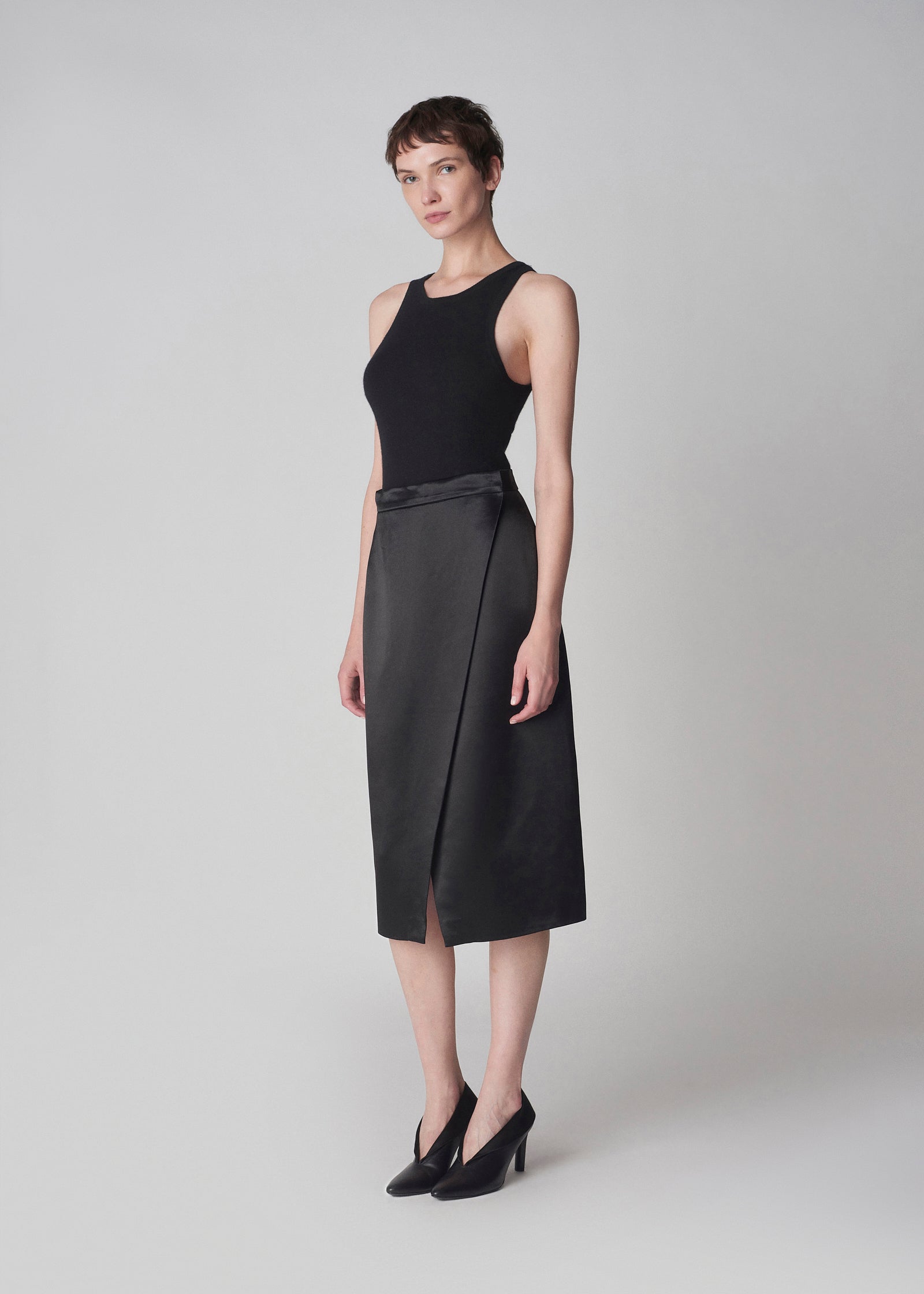 Wrap Petal Skirt in Satin  - Black - CO Collections