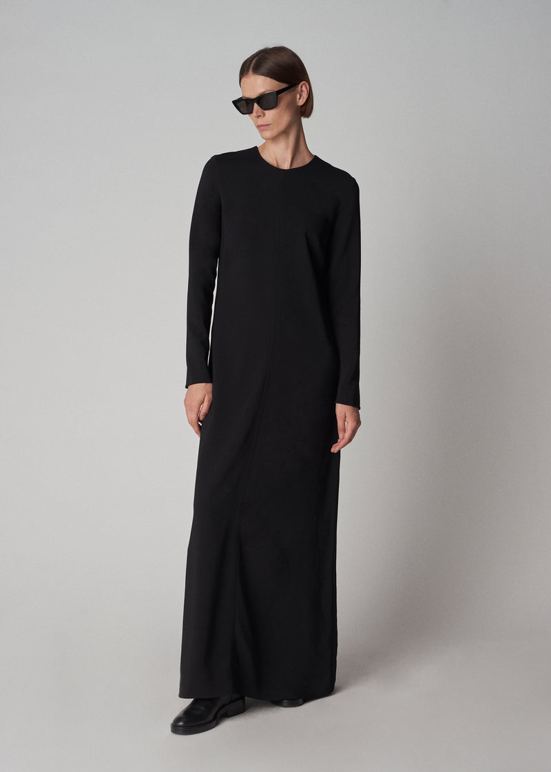 Long Sleeve Column Dress in Viscose Crepe - Black - CO