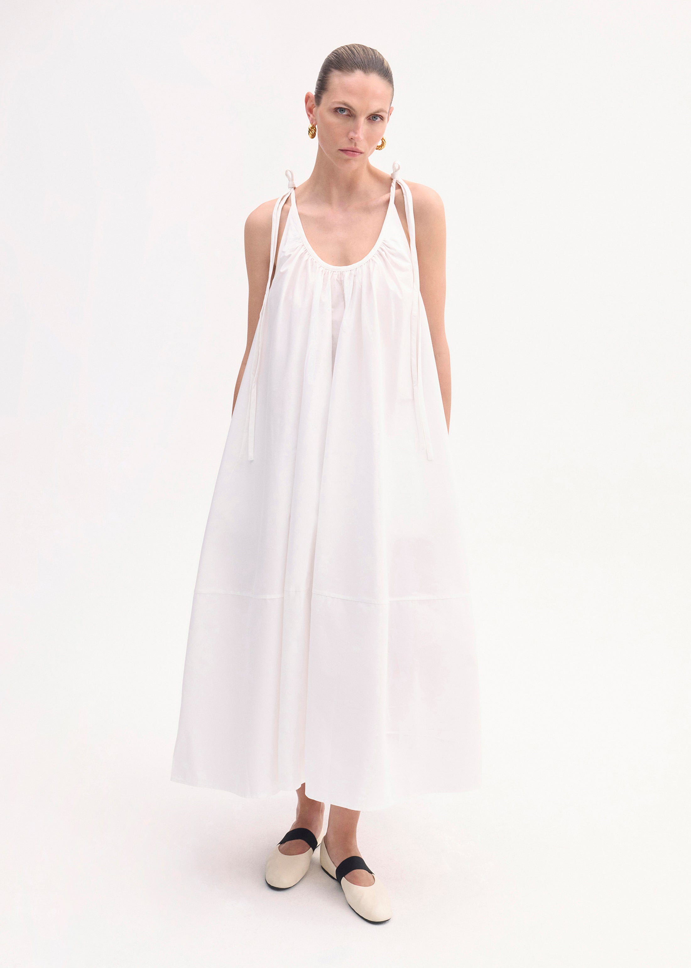 Gathered Halter Dress in Cotton Poplin - White