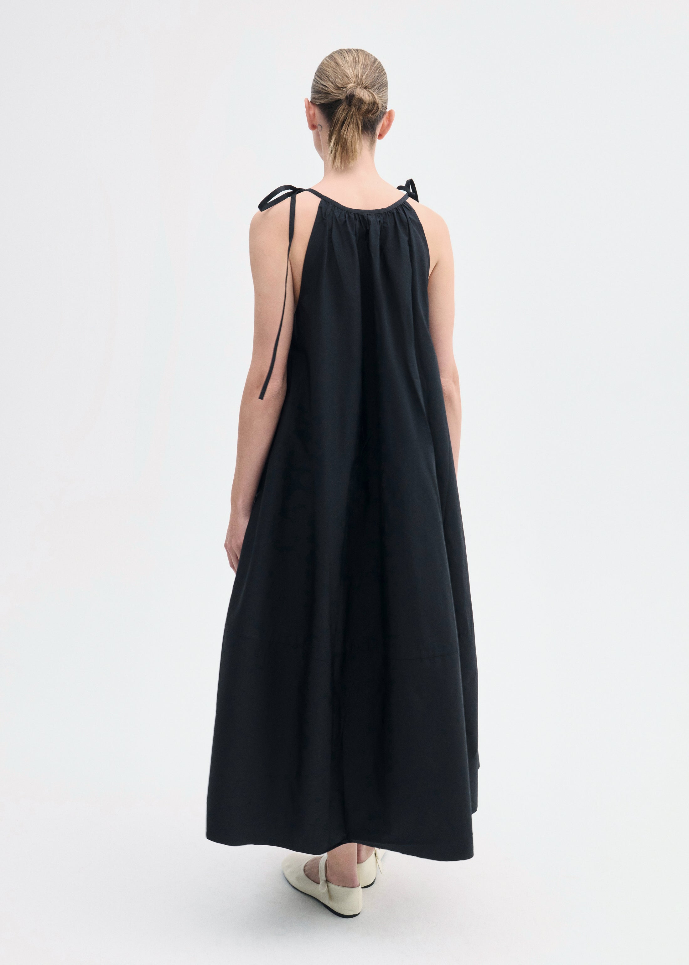 Gathered Halter Dress in Cotton Poplin - Black