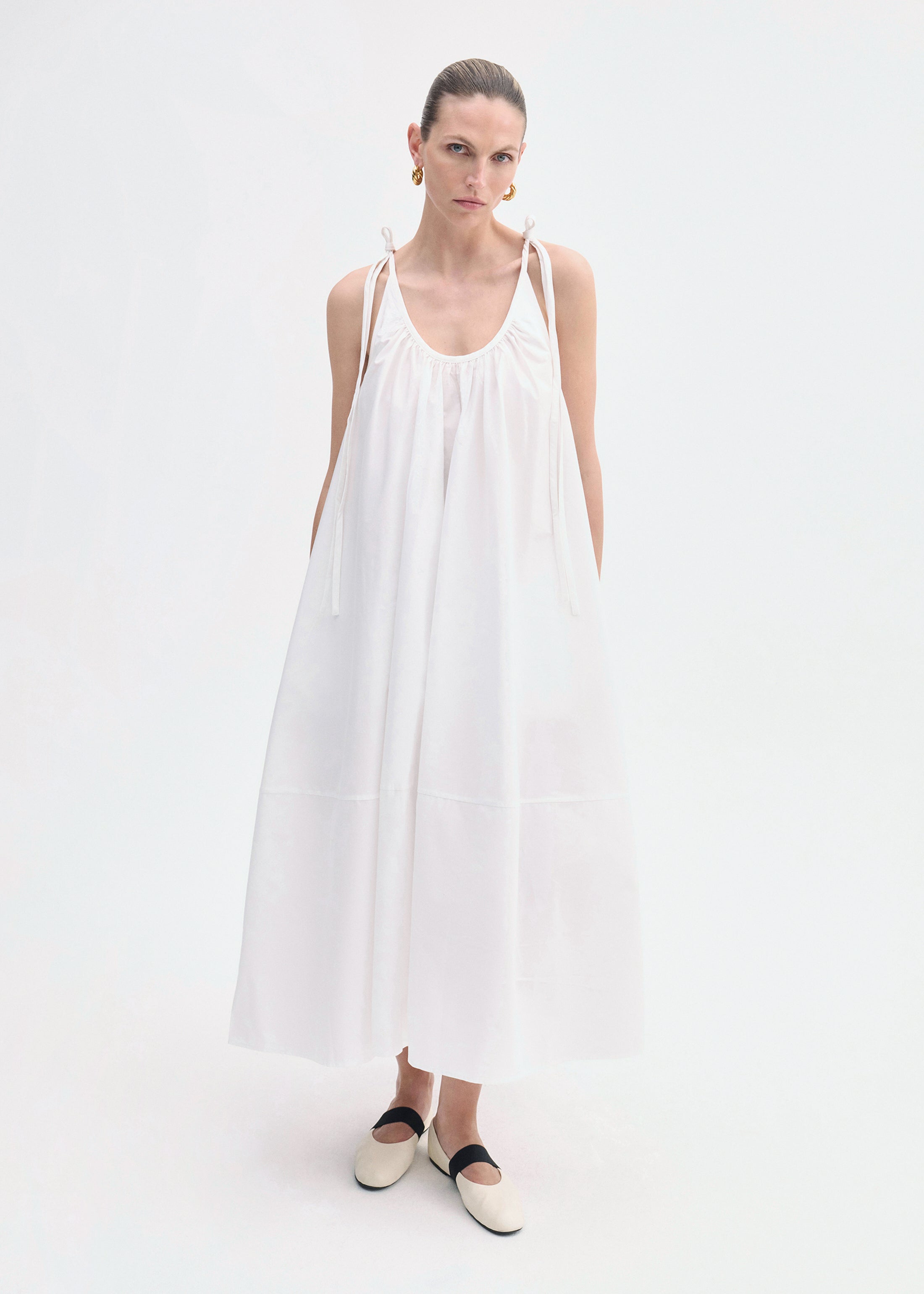 Gathered Halter Dress in Cotton Poplin - White