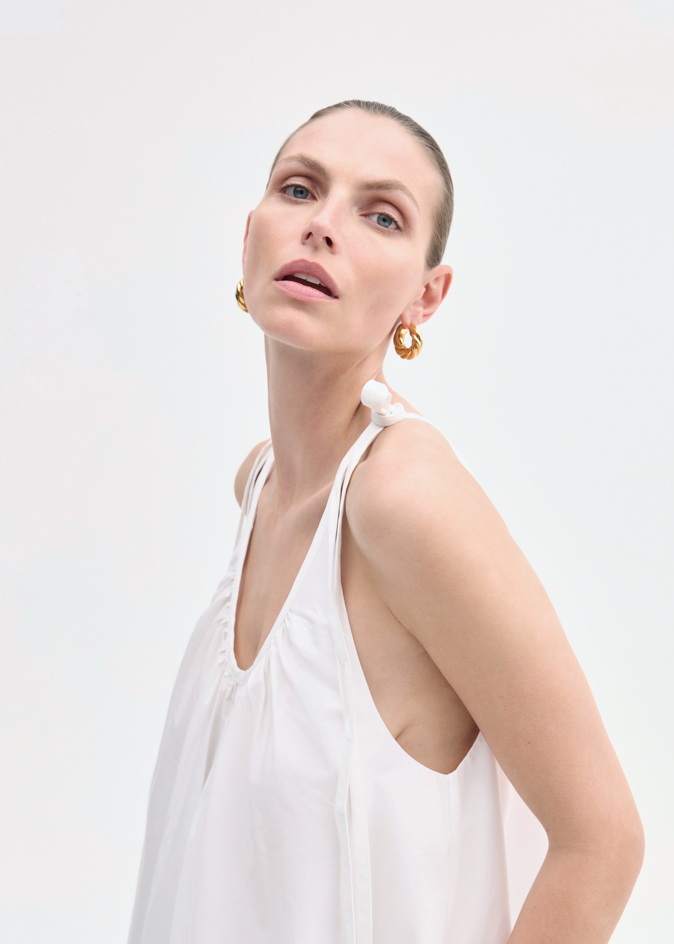 Gathered Halter Dress in Cotton Poplin - White