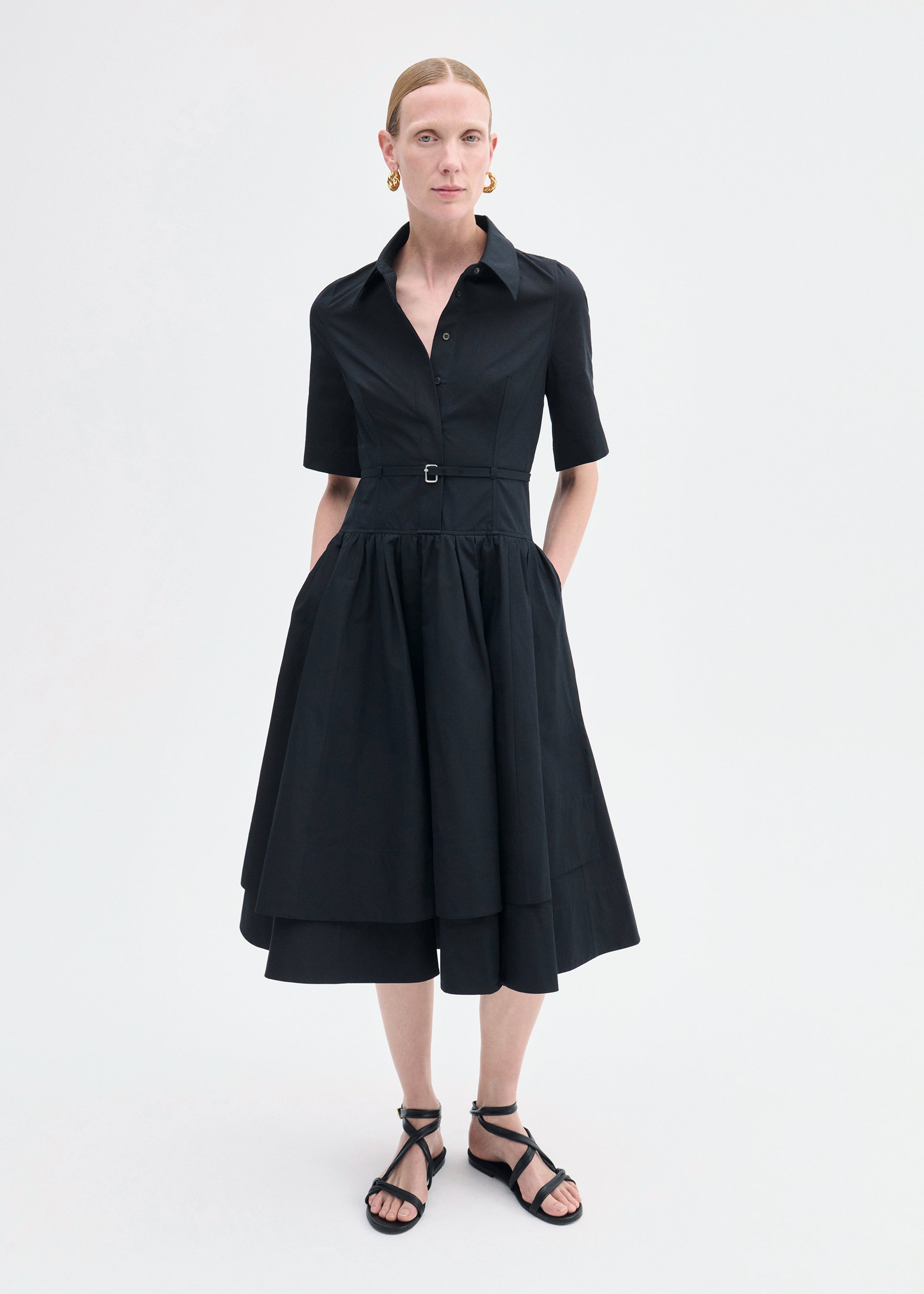 Short Sleeve Belted Dress in Cotton Poplin - Black