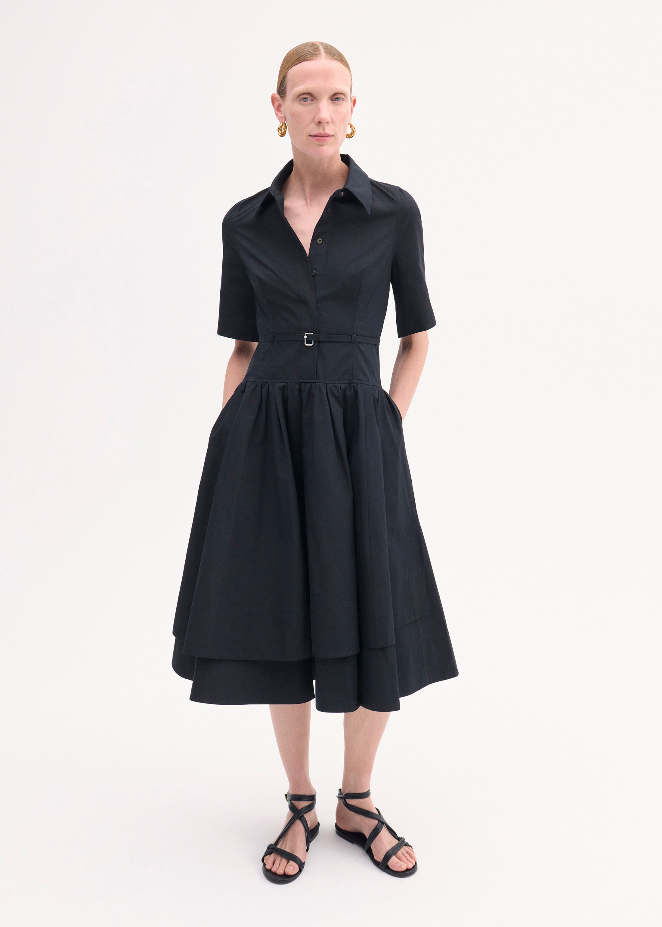 Short Sleeve Belted Dress - Black