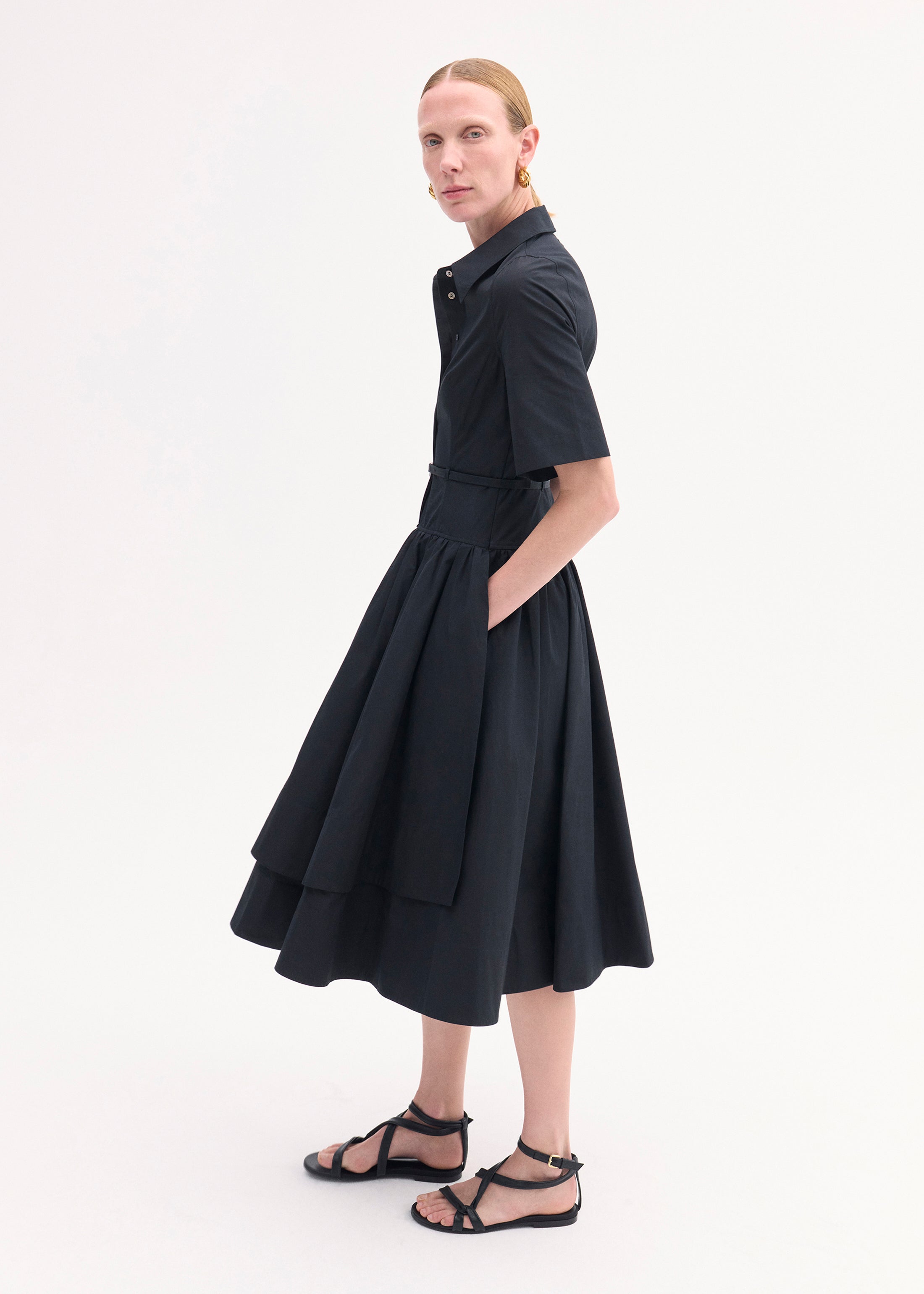 Short Sleeve Belted Dress - Black