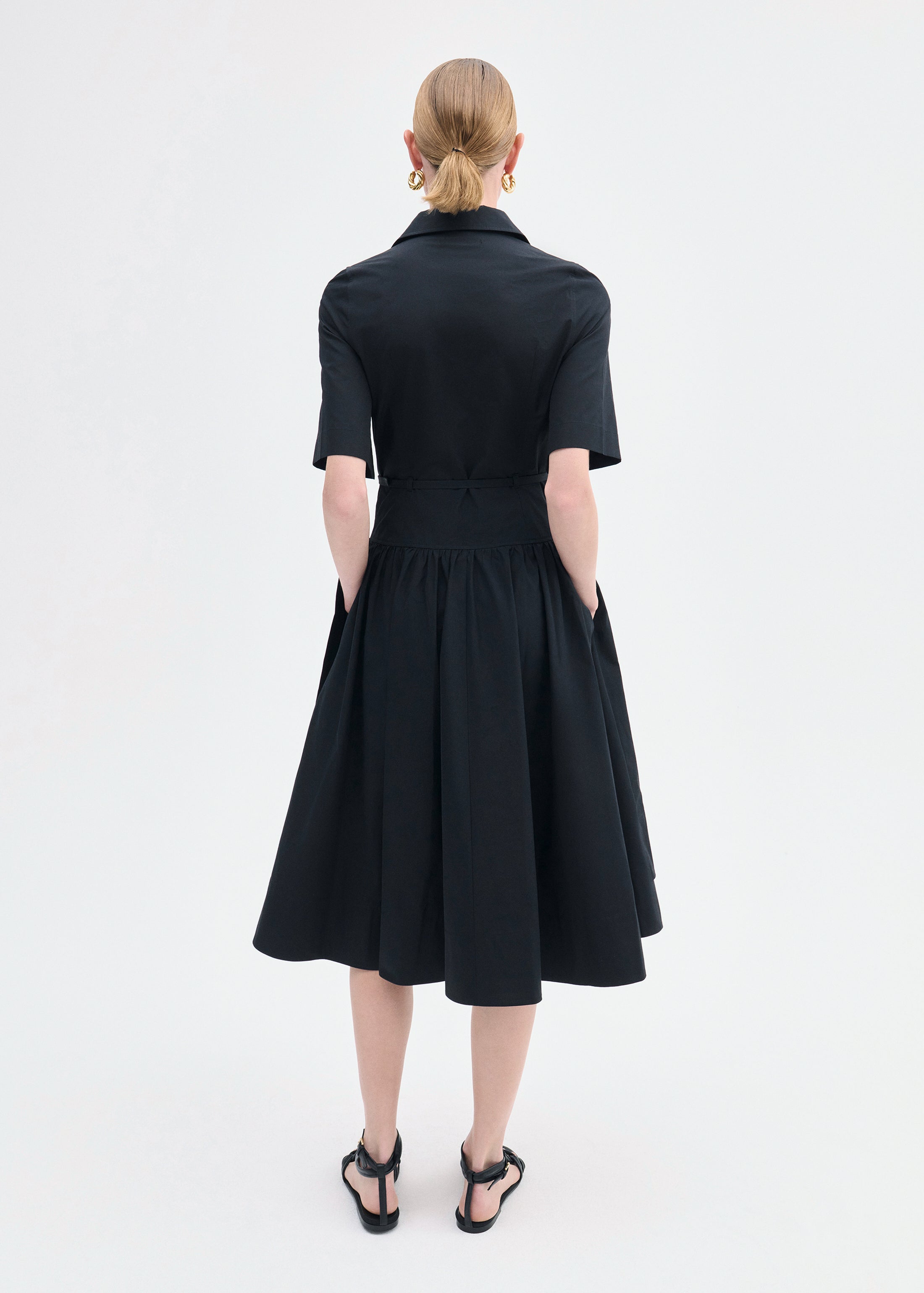 Short Sleeve Belted Dress in Cotton Poplin - Black