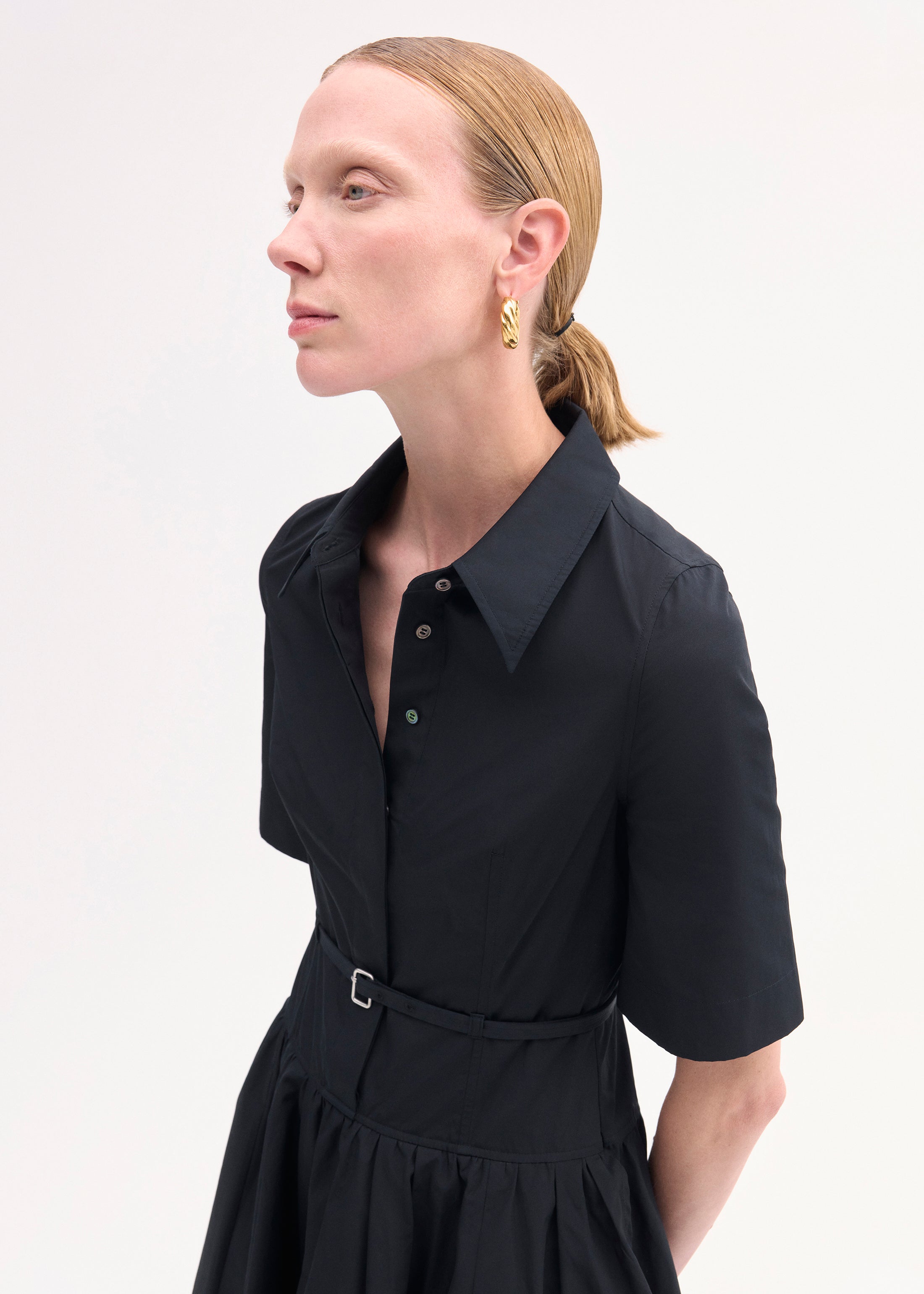 Short Sleeve Belted Dress - Black