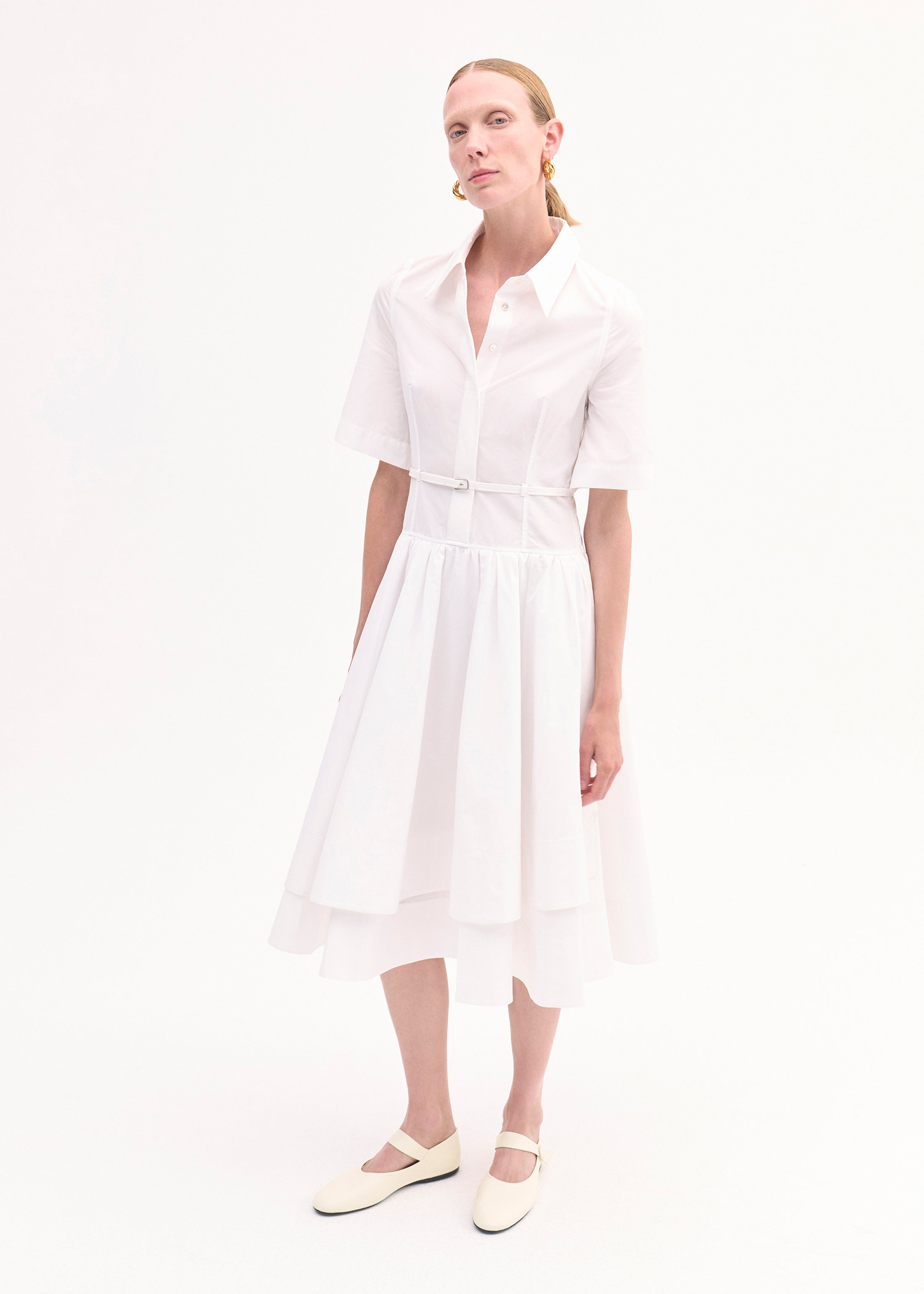 Short Sleeve Belted Dress in Cotton Poplin - White