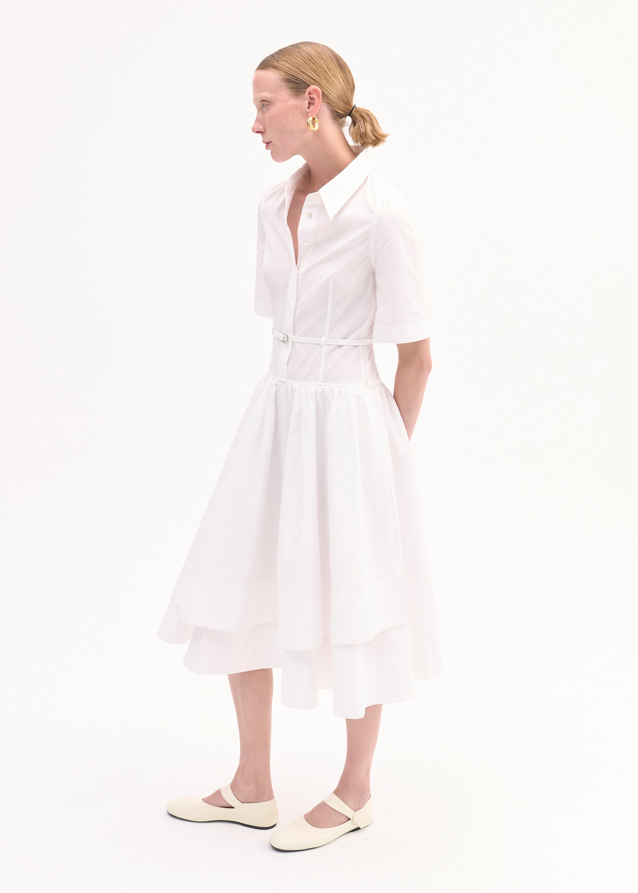 Short Sleeve Belted Dress in Cotton Poplin - White