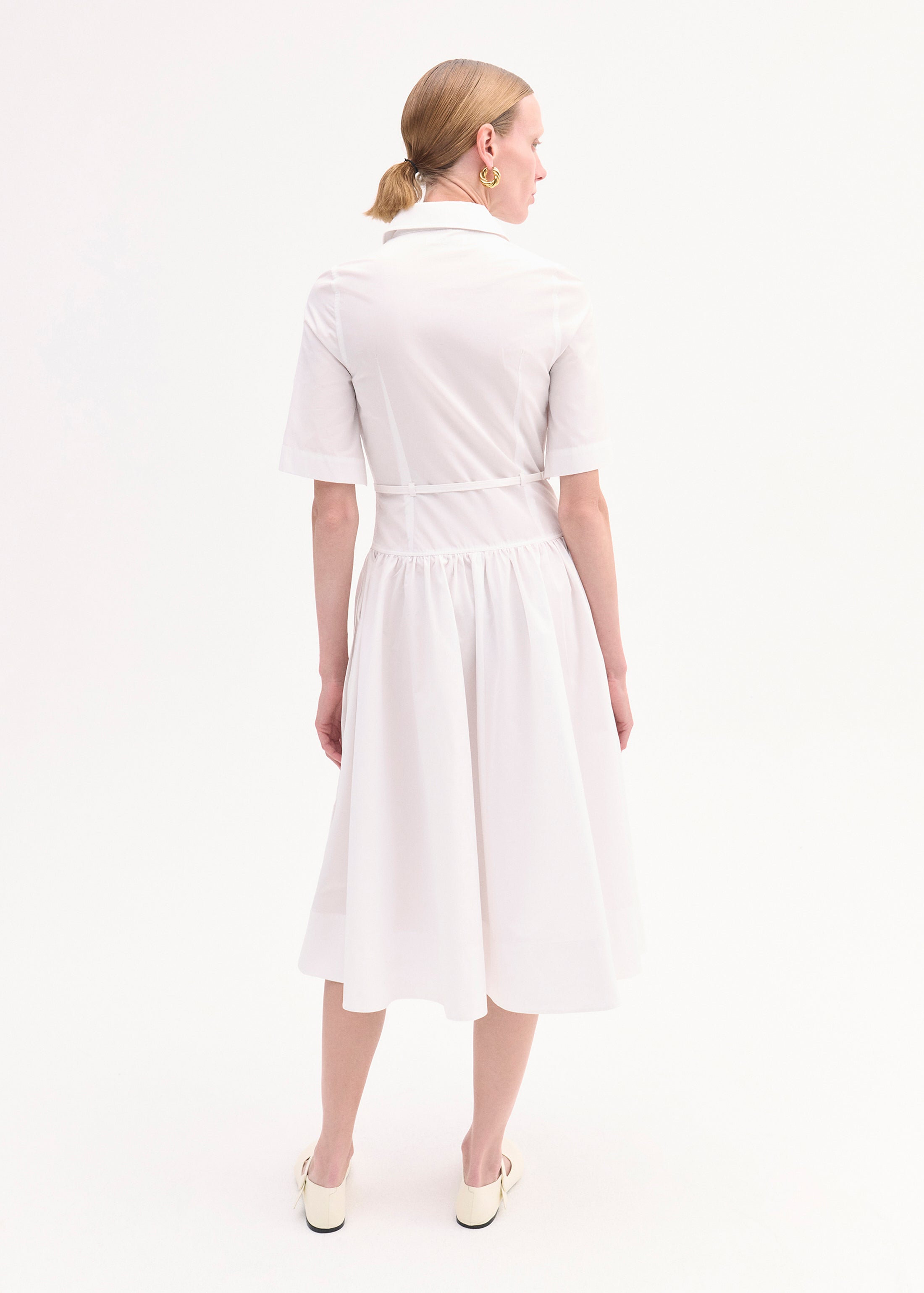 Short Sleeve Belted Dress in Cotton Poplin - White