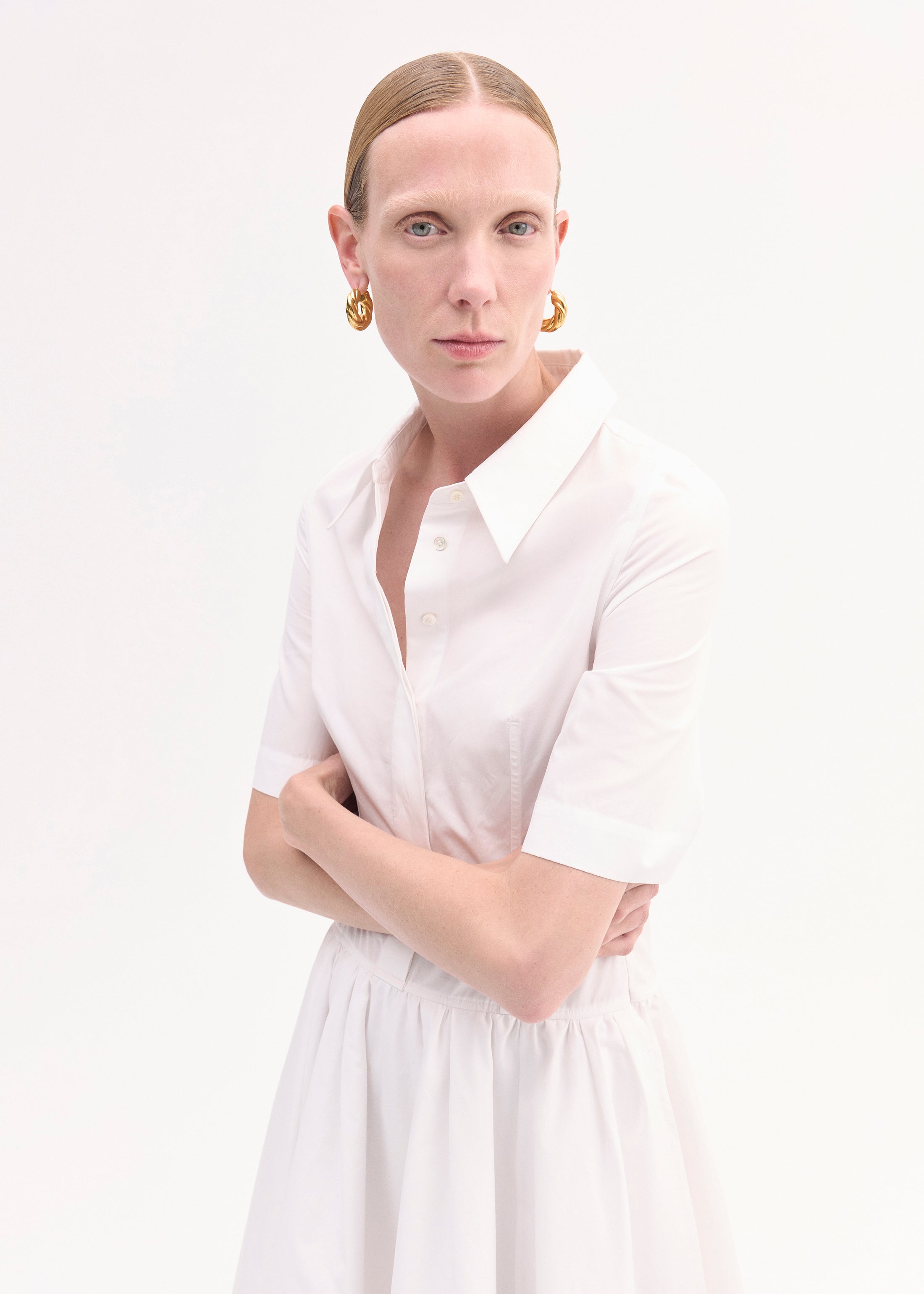 Short Sleeve Belted Dress in Cotton Poplin - White