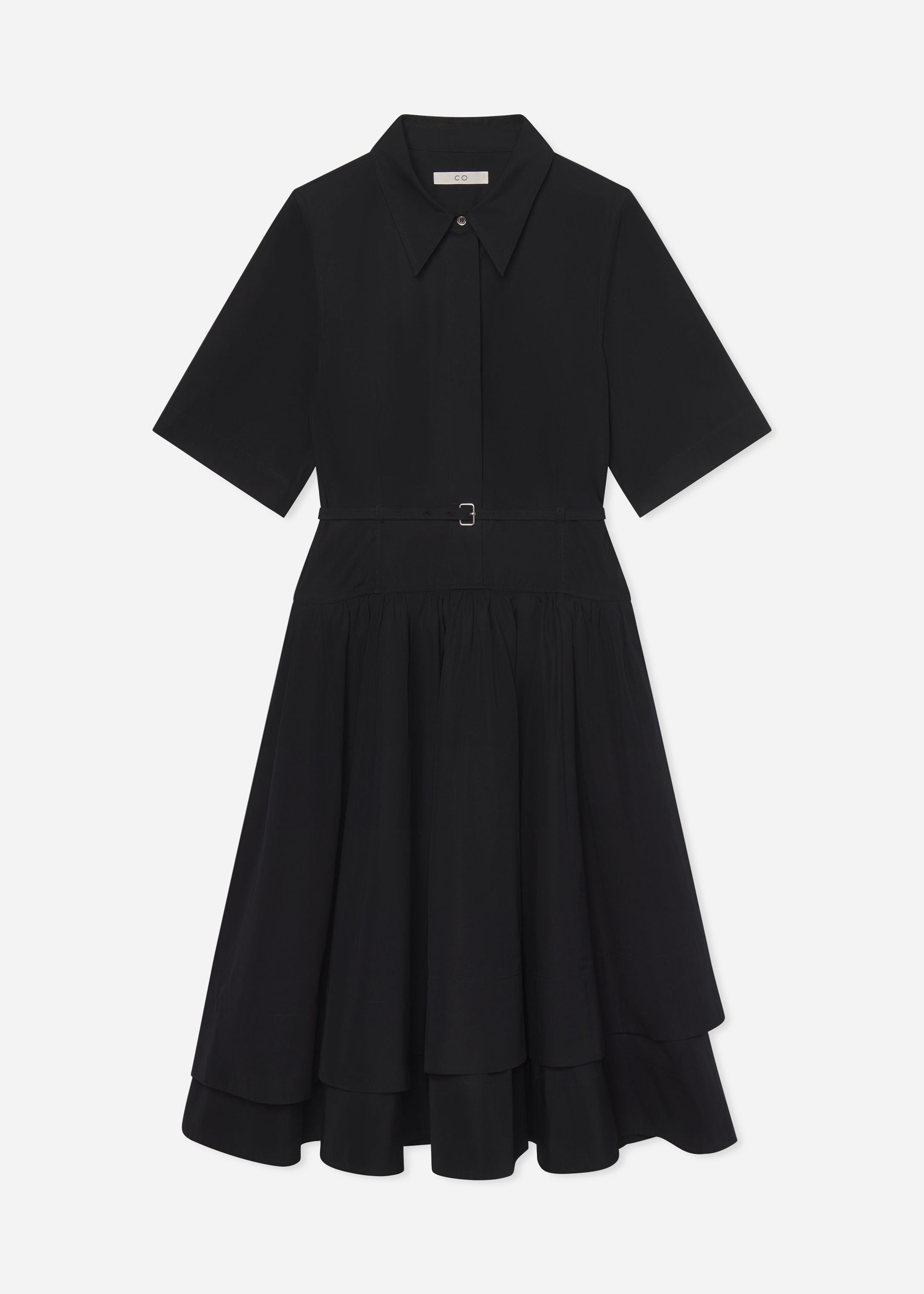 Short Sleeve Belted Dress in Cotton Poplin - Black