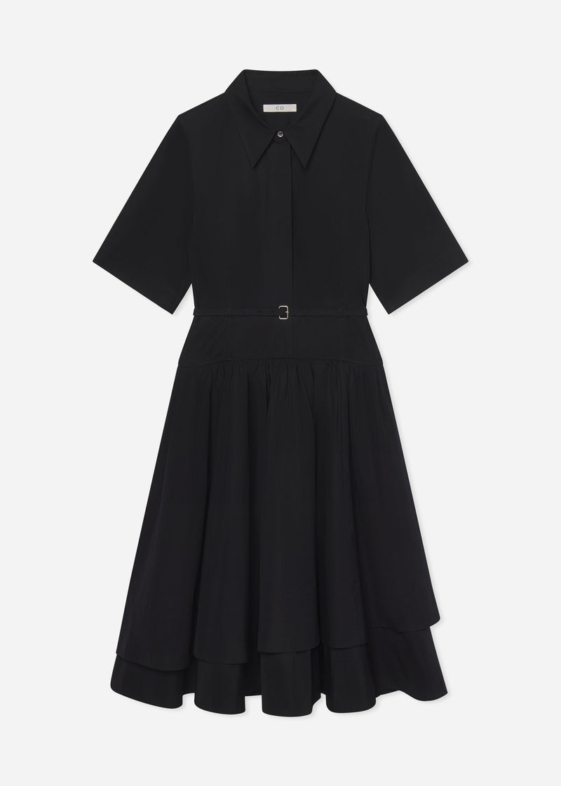 Short Sleeve Belted Dress in Cotton Poplin - Black - CO