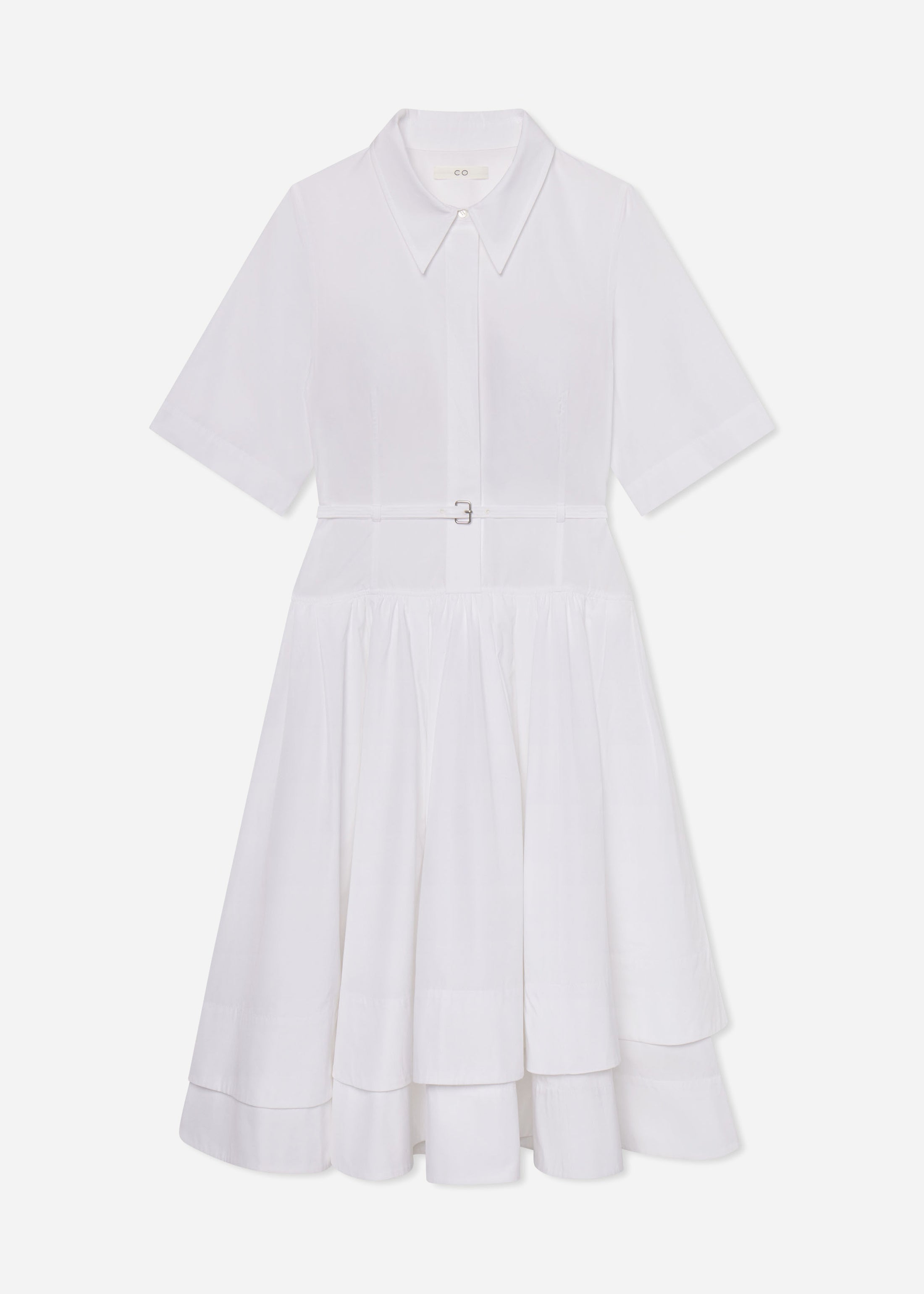 Short Sleeve Belted Dress in Cotton Poplin - White